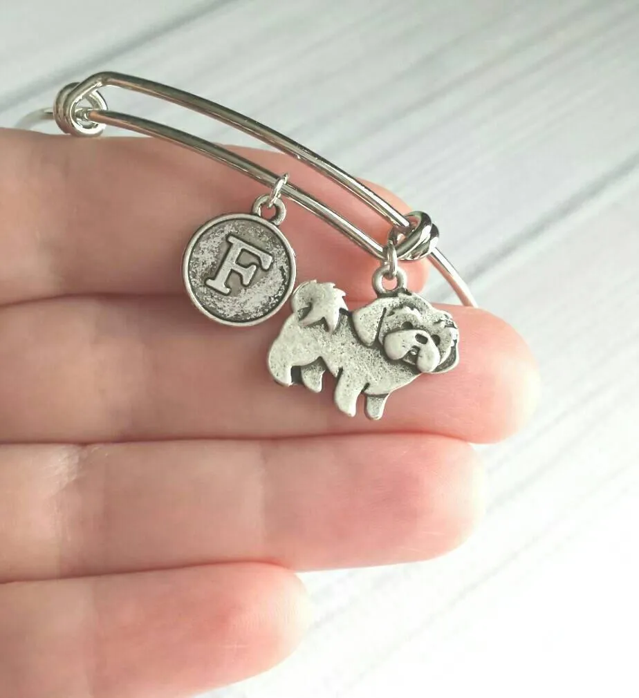 Shih Tzu Bracelet - bangle adjustable double loop pet dog charm - personalized letter initial monogram - shihtzu shihtsu shitzu shit tzu tsu