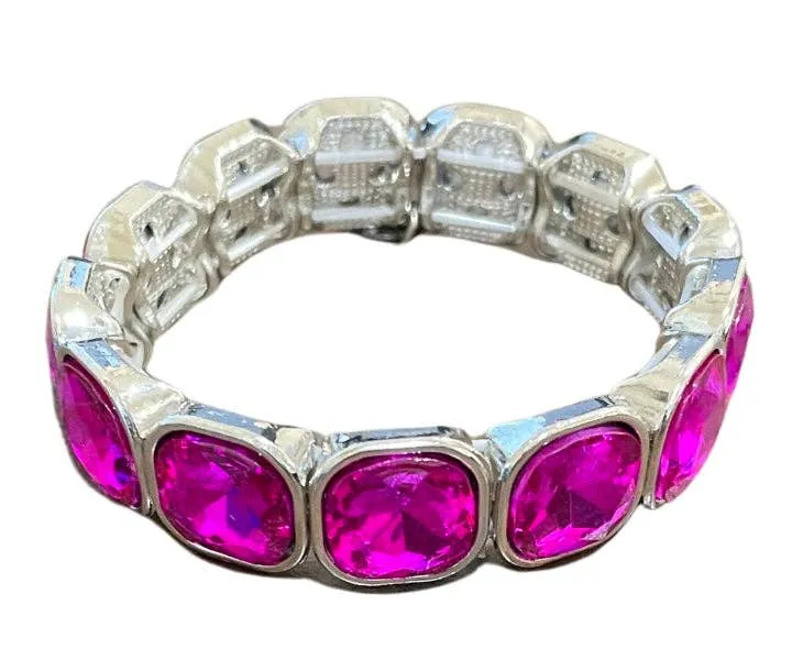 Silver and fuchsia rhinestone stretch bracelet
