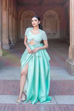 Silver Cloud- Silver Metallic Jacquard Drapped Skirt Set