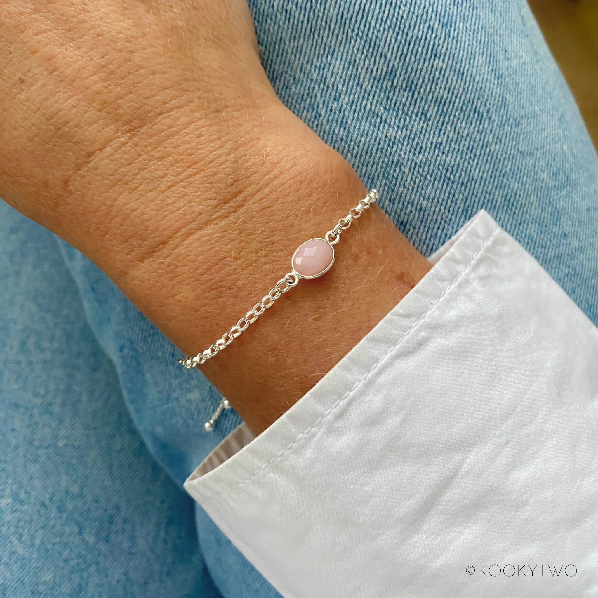 Silver Pink Opal Chain Bracelet