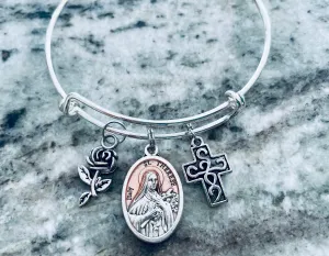 St. Therese Little Flower Rose Adjustable Bracelet Expandable Wire Bangle Catholic Medal Gift Meaningful Inspirational