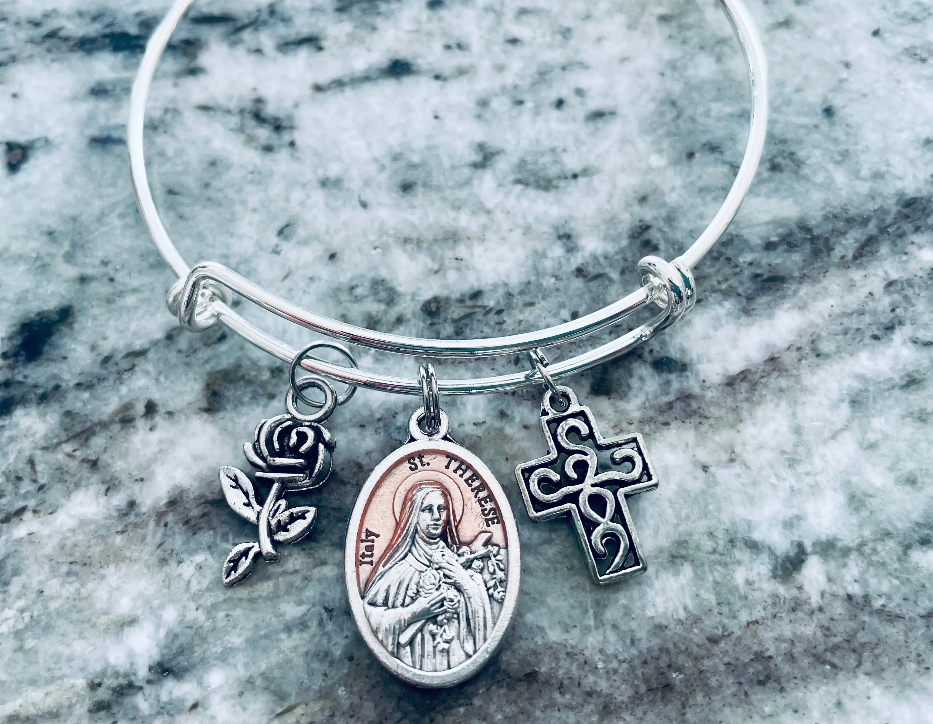 St. Therese Little Flower Rose Adjustable Bracelet Expandable Wire Bangle Catholic Medal Gift Meaningful Inspirational