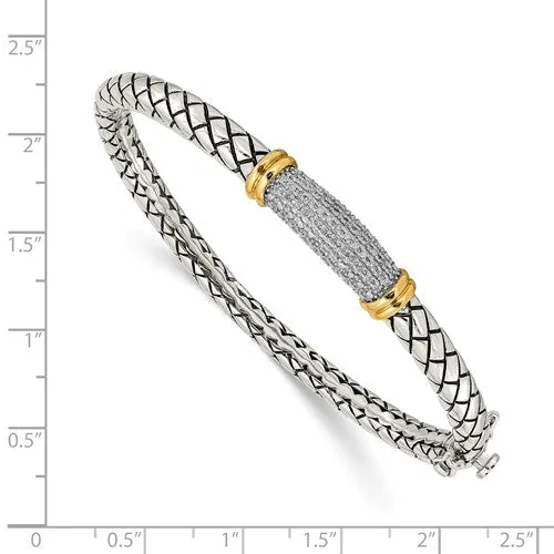Sterling Silver   14KT Yellow Gold Antique Finish .20 CT Diamond Bangle Bracelet