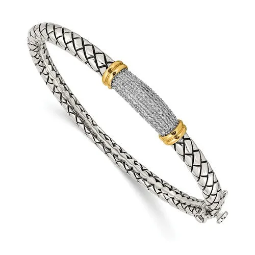 Sterling Silver   14KT Yellow Gold Antique Finish .20 CT Diamond Bangle Bracelet