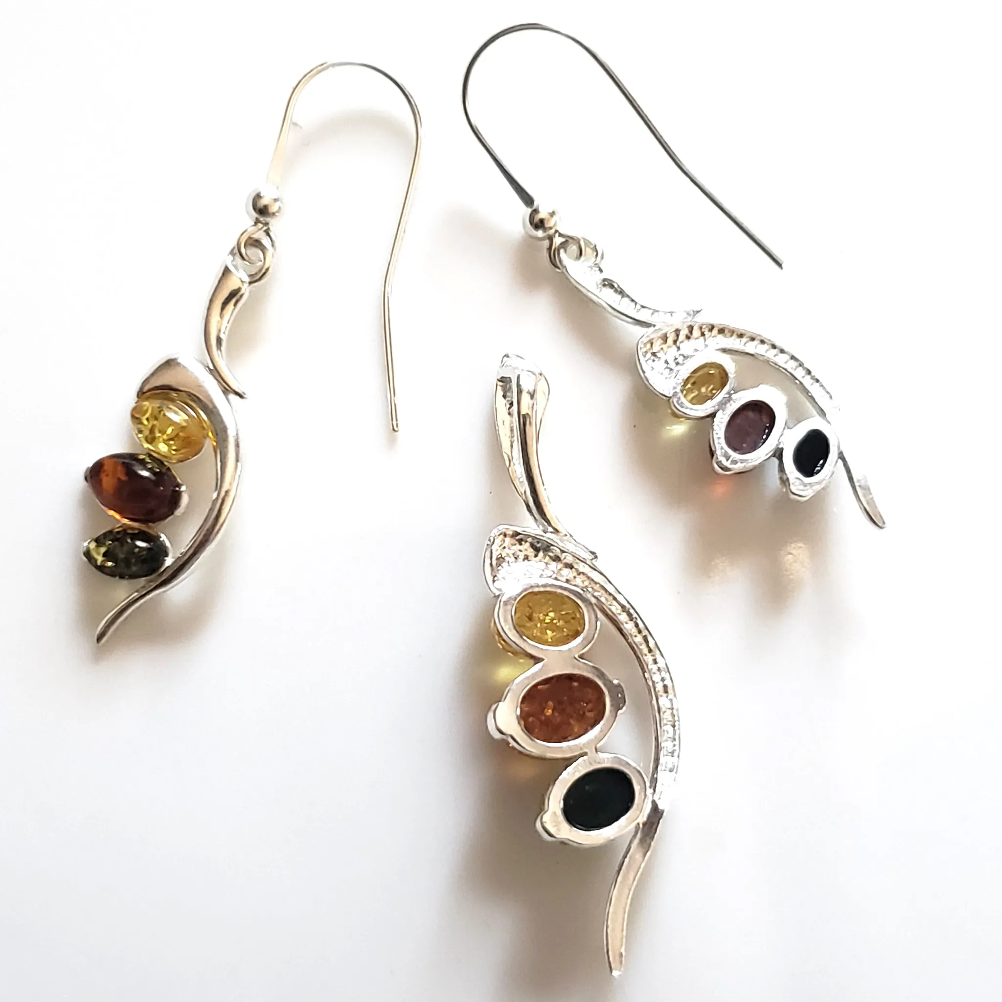 Sterling Silver Jewelry Set with Multicolor Natural Amber Beads