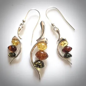 Sterling Silver Jewelry Set with Multicolor Natural Amber Beads