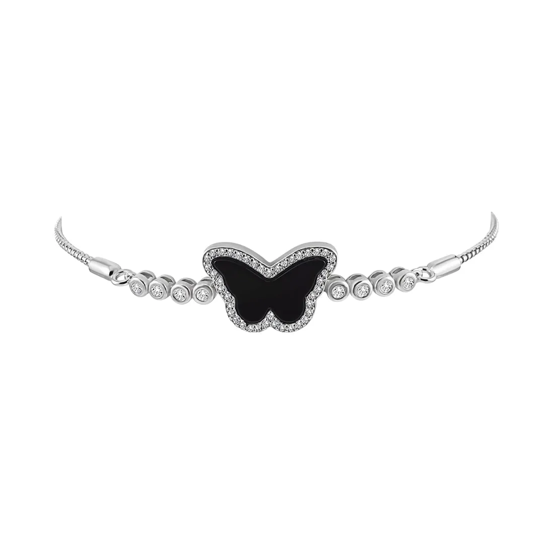 Sterling Silver Onyx Butterfly Halo Bolo Bracelet