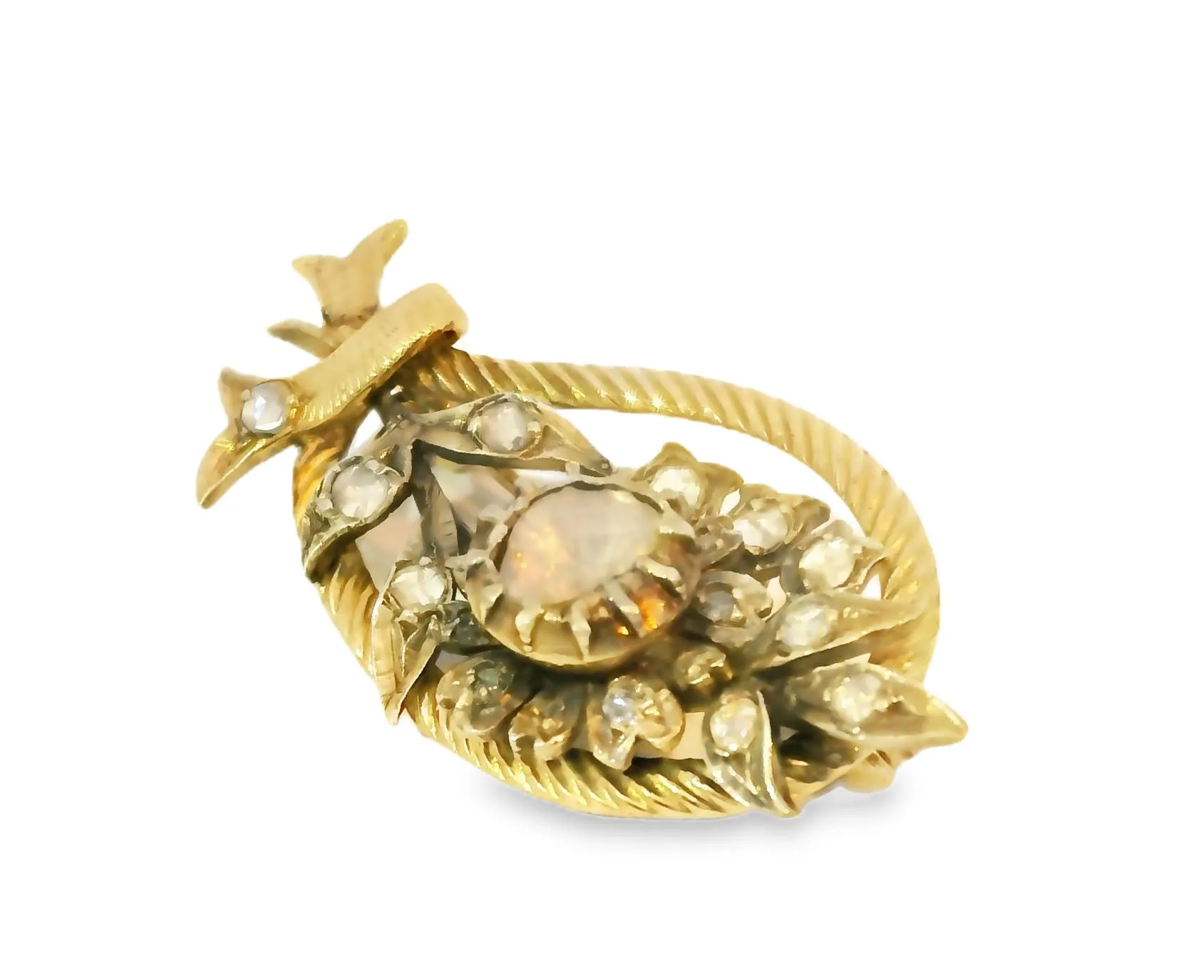 Stunning Antique 14K Yellow Gold Flower Floral Raw Diamond Brooch Pin