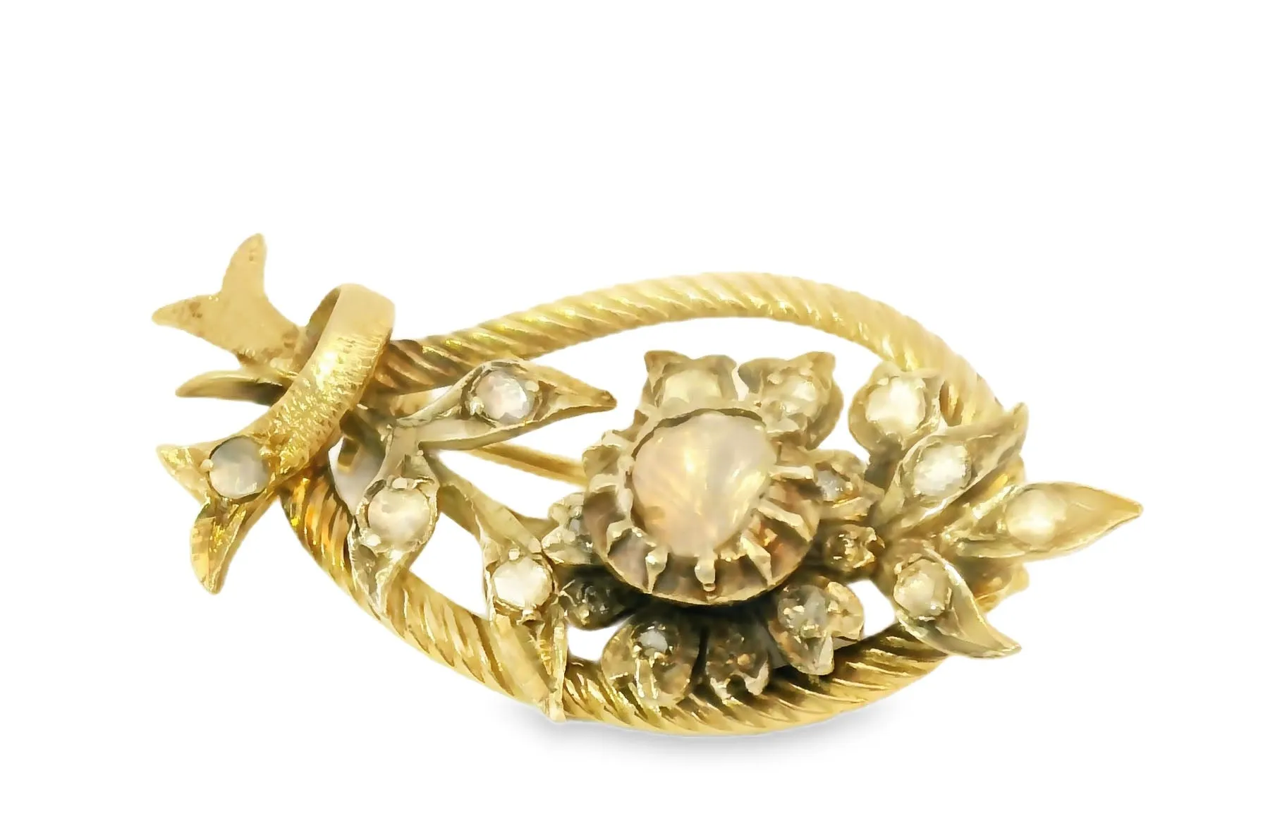 Stunning Antique 14K Yellow Gold Flower Floral Raw Diamond Brooch Pin