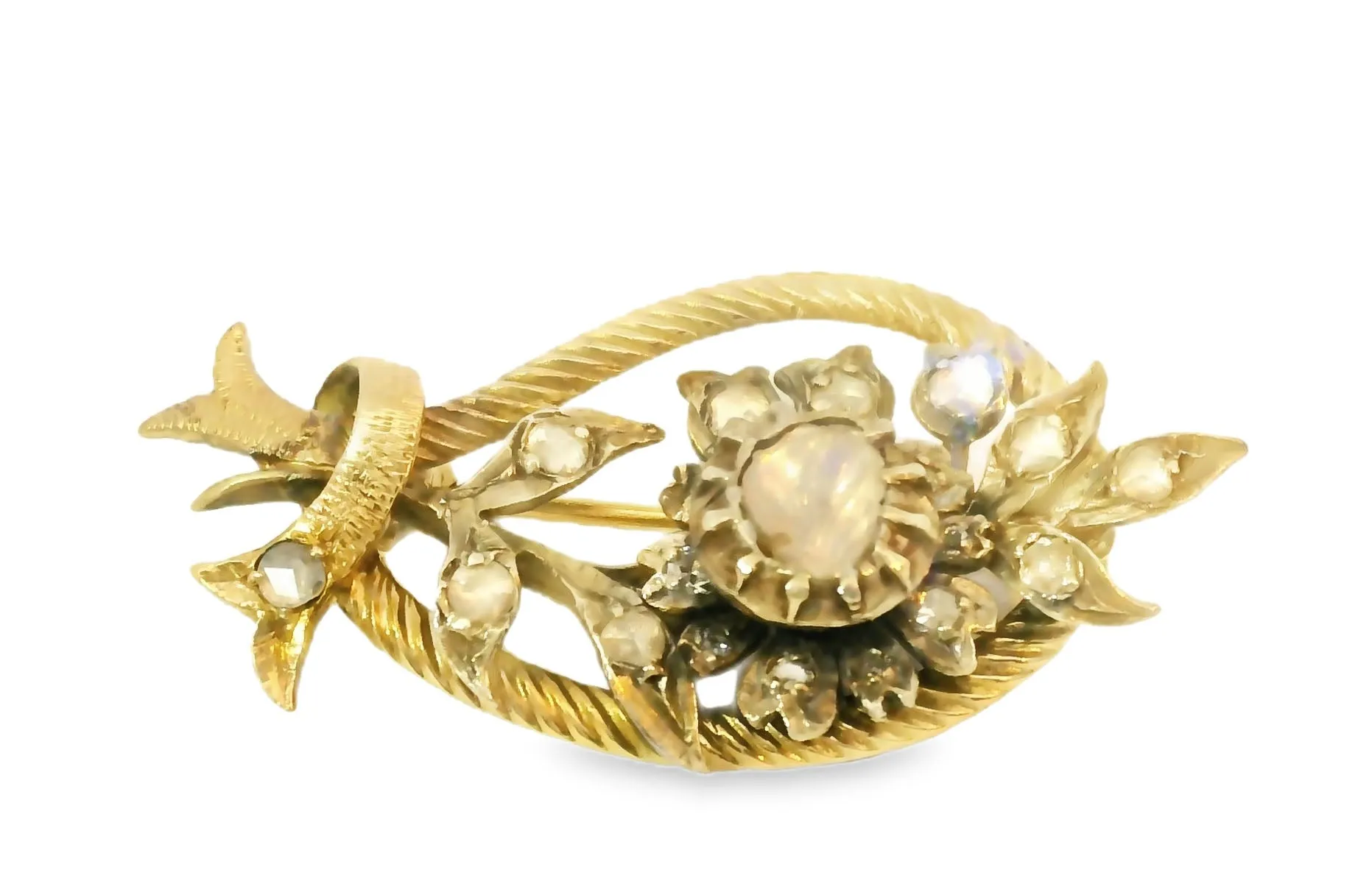 Stunning Antique 14K Yellow Gold Flower Floral Raw Diamond Brooch Pin