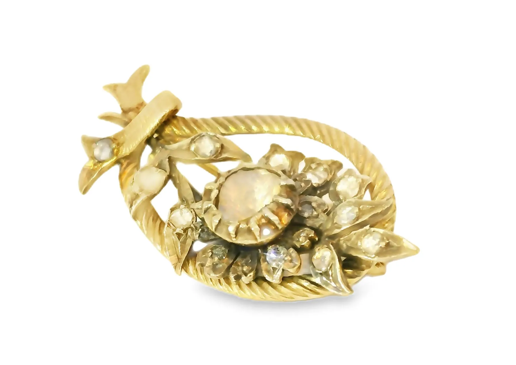 Stunning Antique 14K Yellow Gold Flower Floral Raw Diamond Brooch Pin