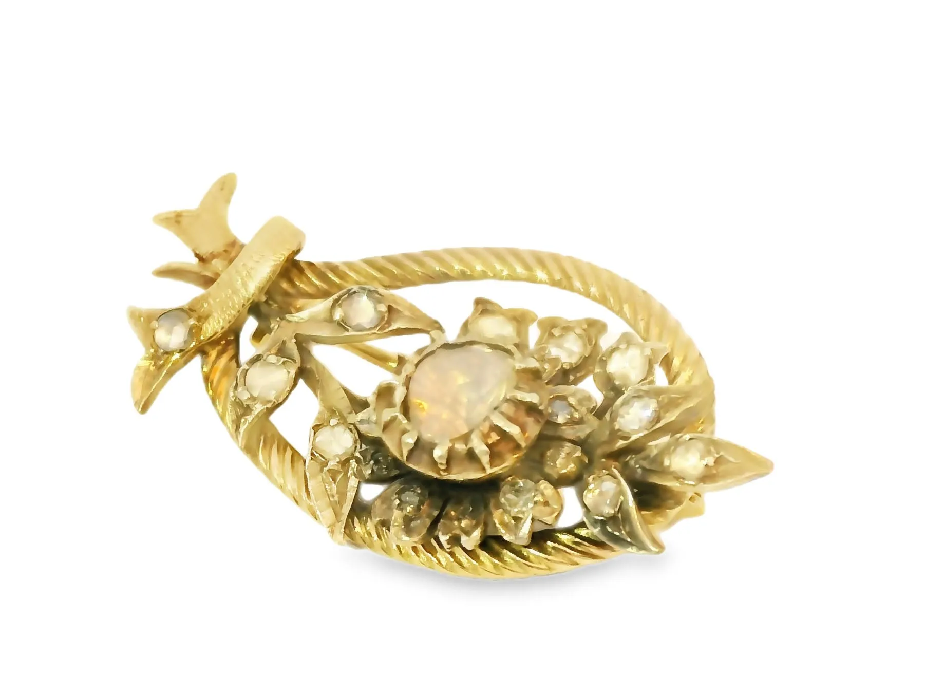 Stunning Antique 14K Yellow Gold Flower Floral Raw Diamond Brooch Pin