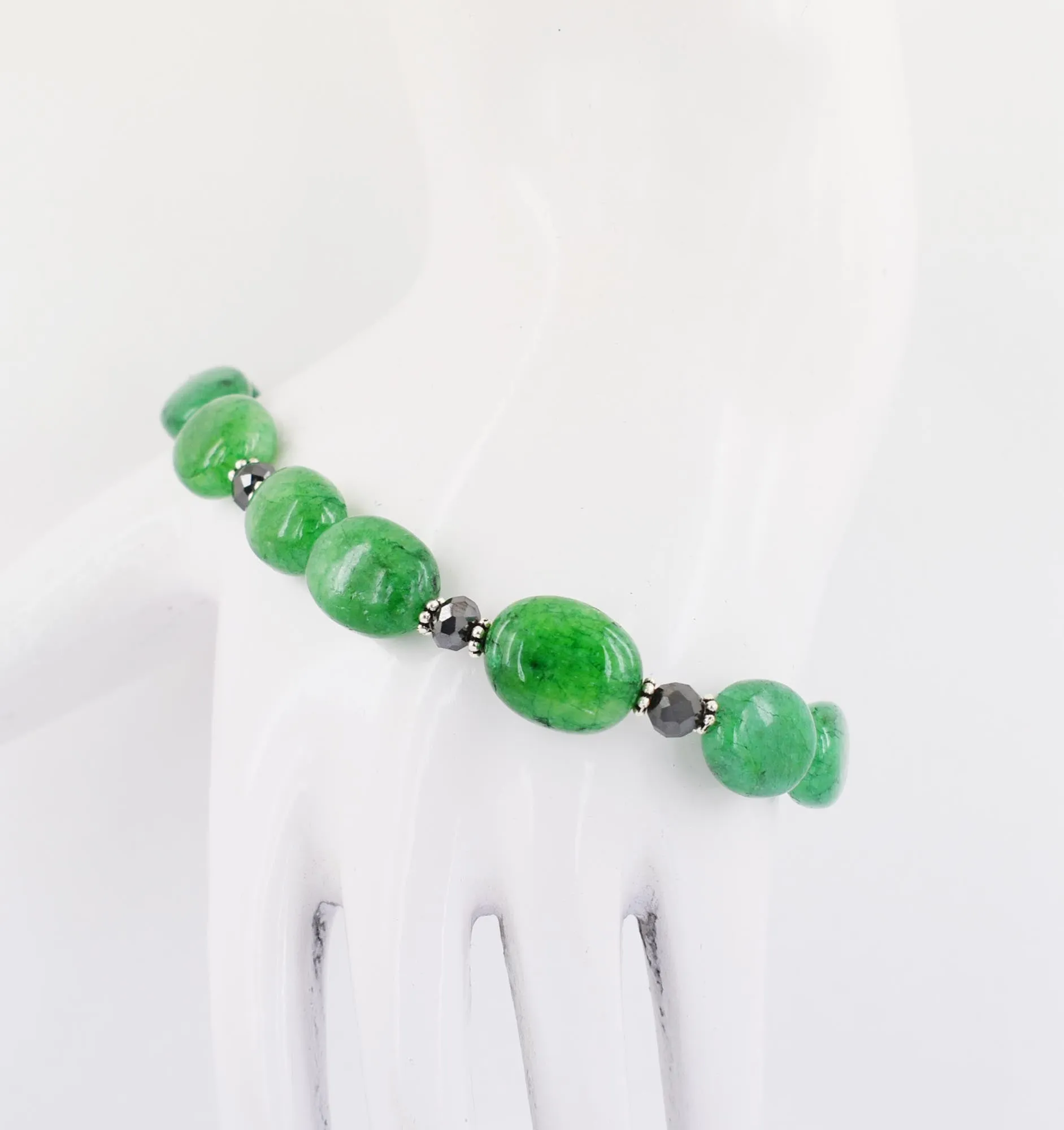 Stunning Emerald Beads with Black Diamond Silver Bracelet. Great Design & Very Elegant