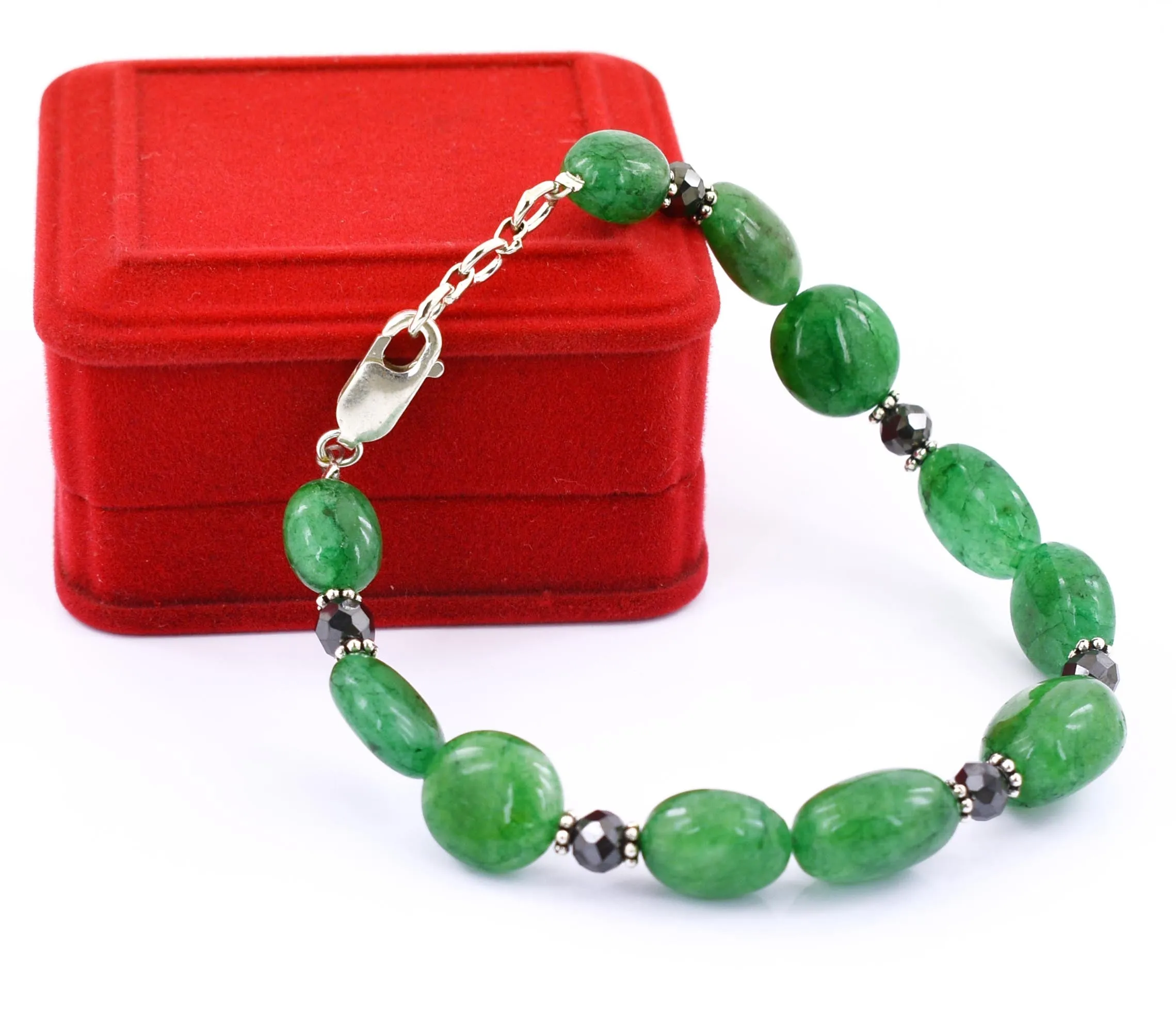 Stunning Emerald Beads with Black Diamond Silver Bracelet. Great Design & Very Elegant