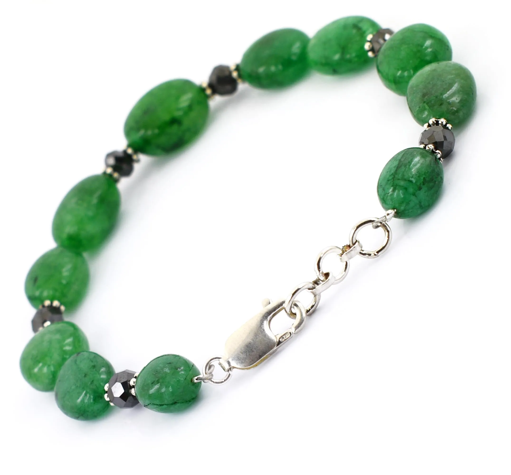 Stunning Emerald Beads with Black Diamond Silver Bracelet. Great Design & Very Elegant
