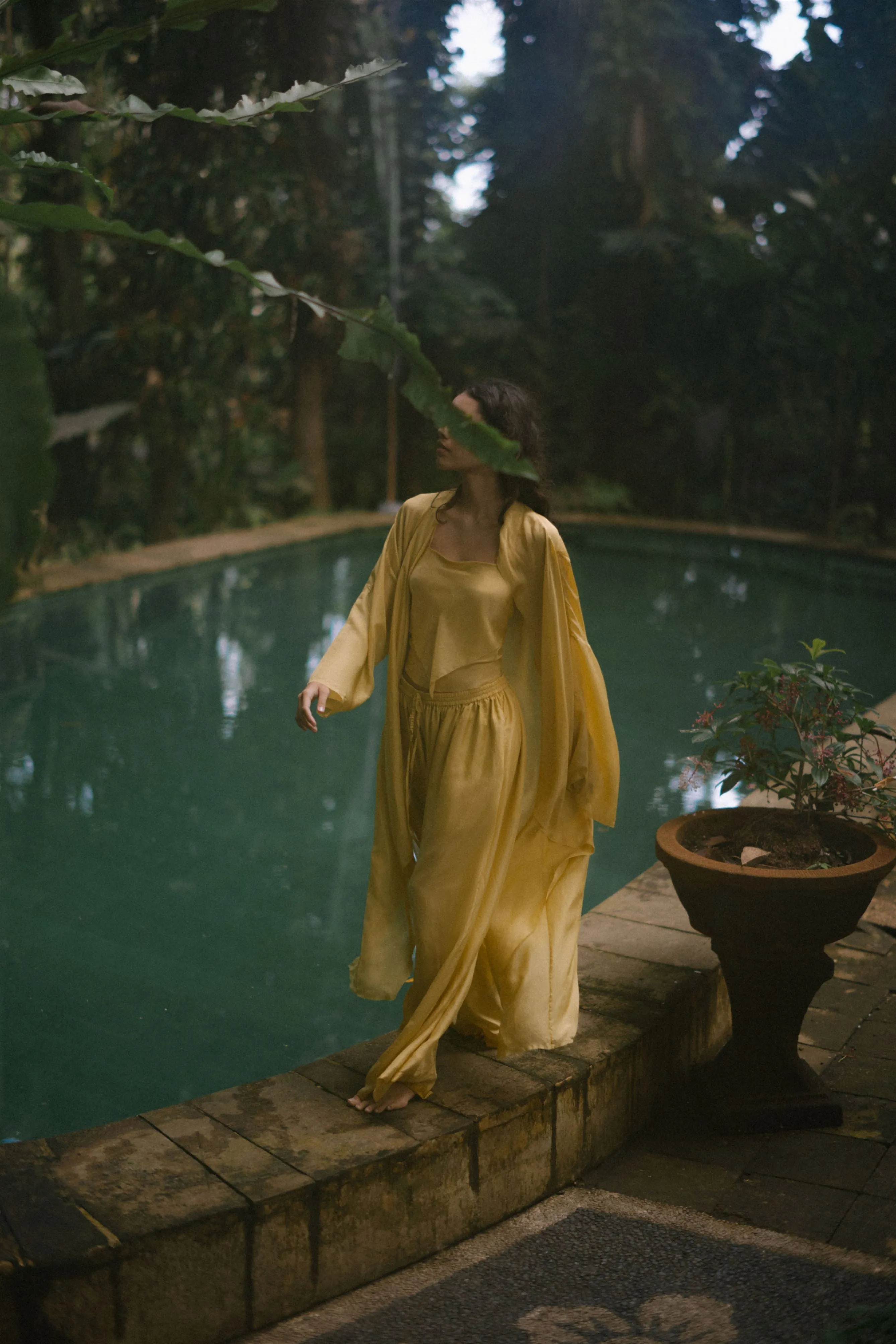 Summer Co-Ord Set of 3 Pant Cape Overlay Top-Silk-Skyblue-Tan-Yellow-Dhyana 53-Fashion Edit Samadhi Vana-Ituvana