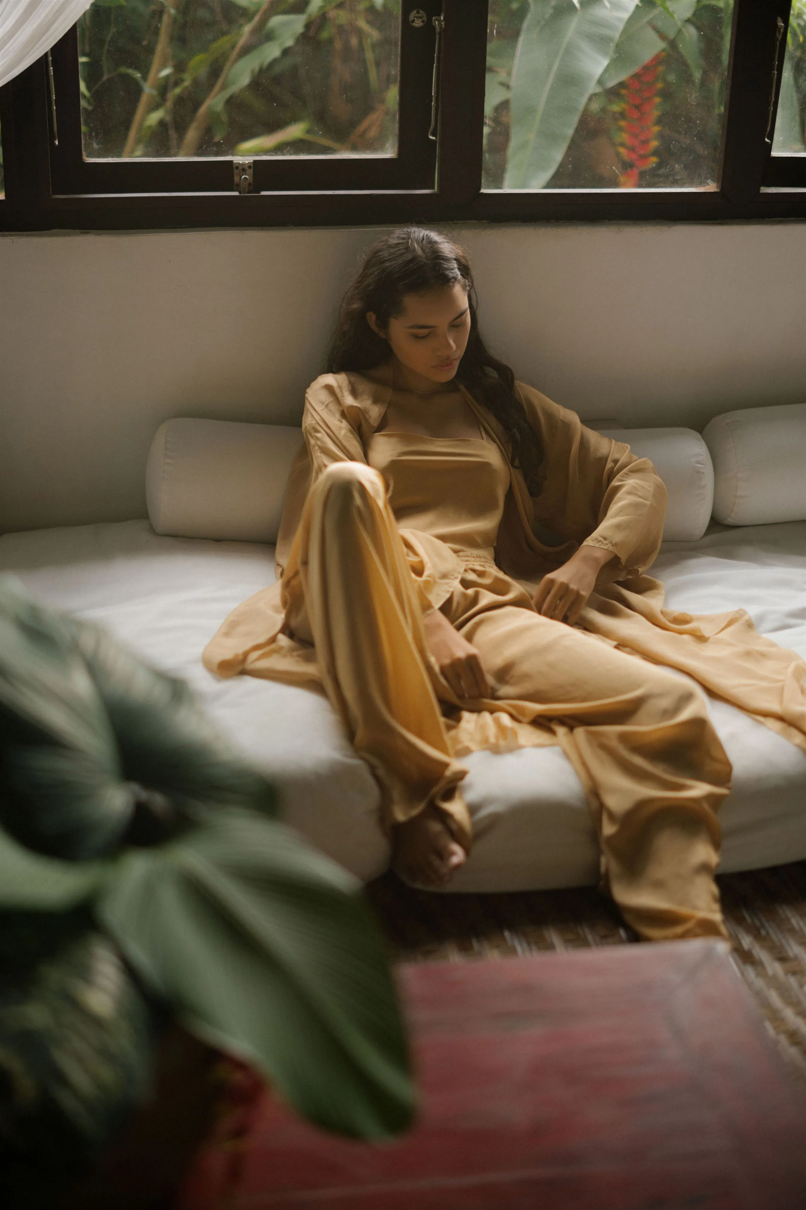 Summer Co-Ord Set of 3 Pant Cape Overlay Top-Silk-Skyblue-Tan-Yellow-Dhyana 53-Fashion Edit Samadhi Vana-Ituvana