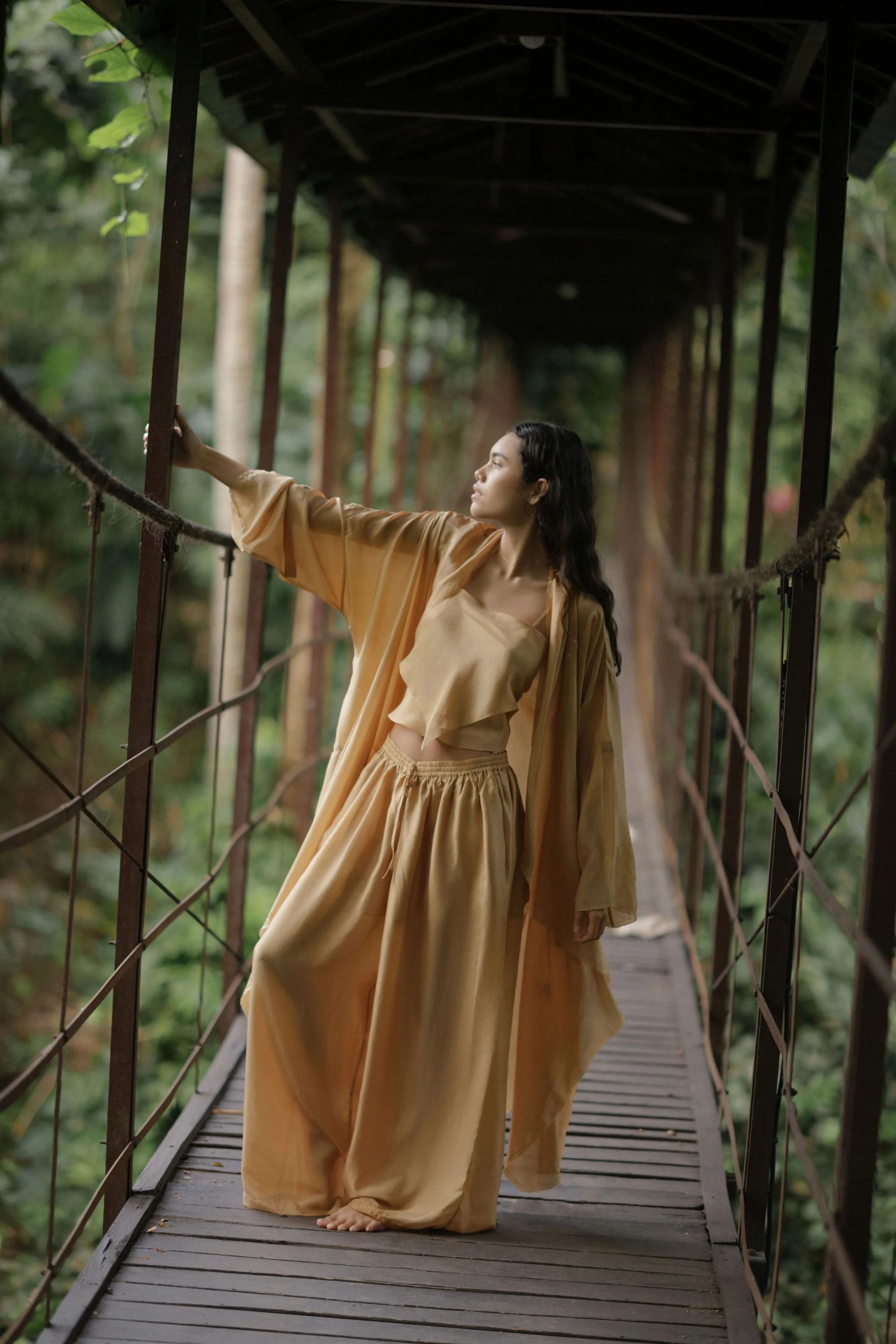 Summer Co-Ord Set of 3 Pant Cape Overlay Top-Silk-Skyblue-Tan-Yellow-Dhyana 53-Fashion Edit Samadhi Vana-Ituvana
