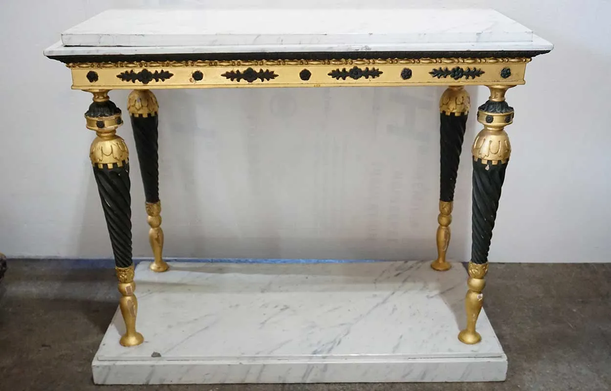 Swedish Gustavian Ebonized, Gilt and Faux Marble Console Table
