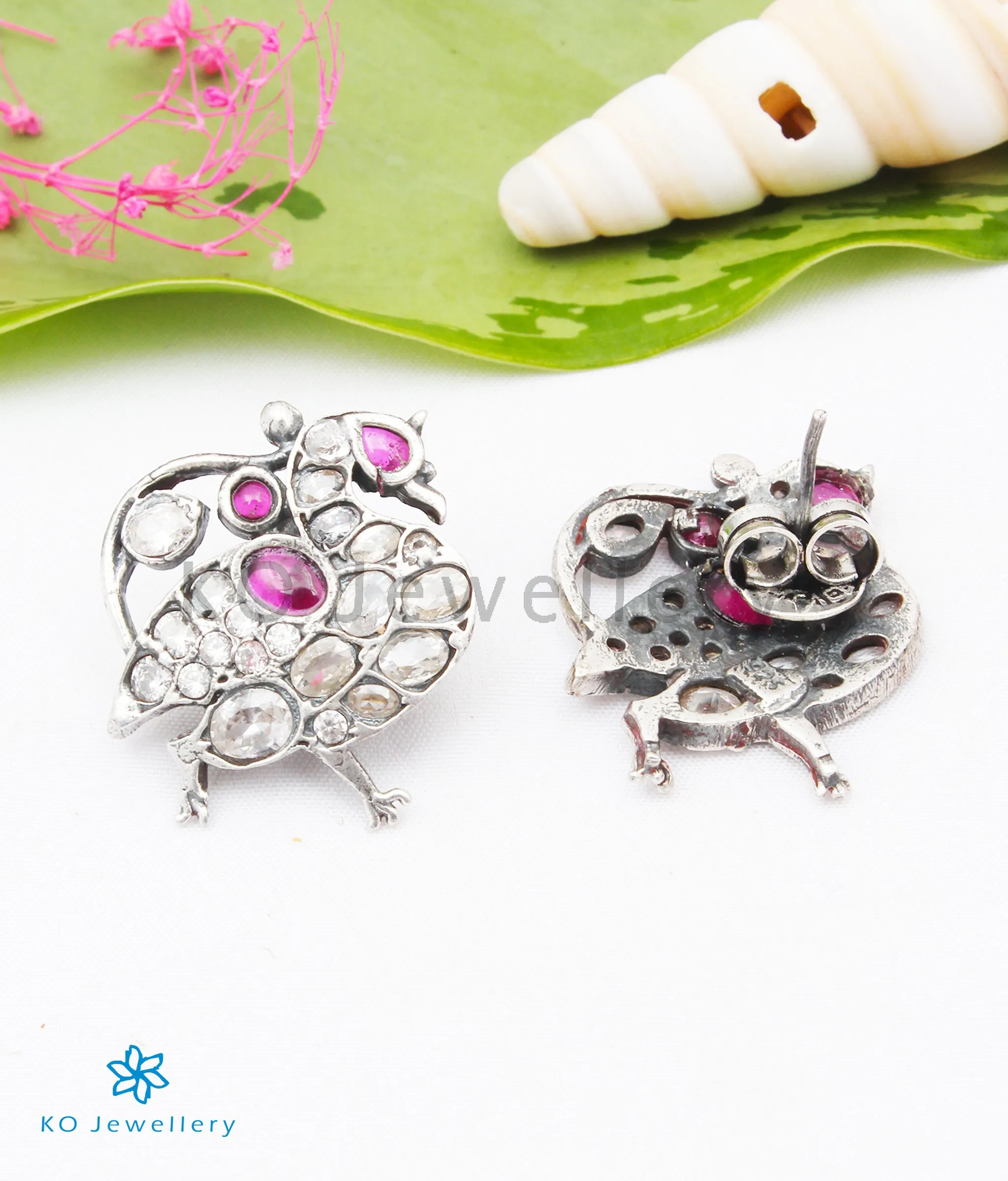 The Shreya Silver Peacock Earstuds(White/Red)