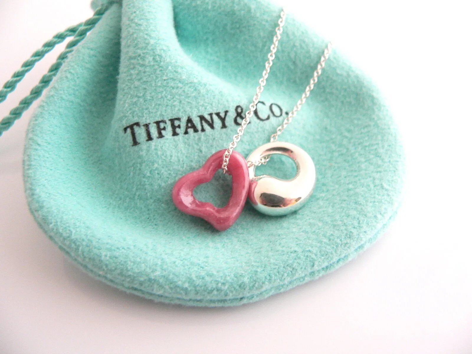 Tiffany & Co Peretti Pink Rhodonite Heart Silver Eternal Circle Necklace Gift