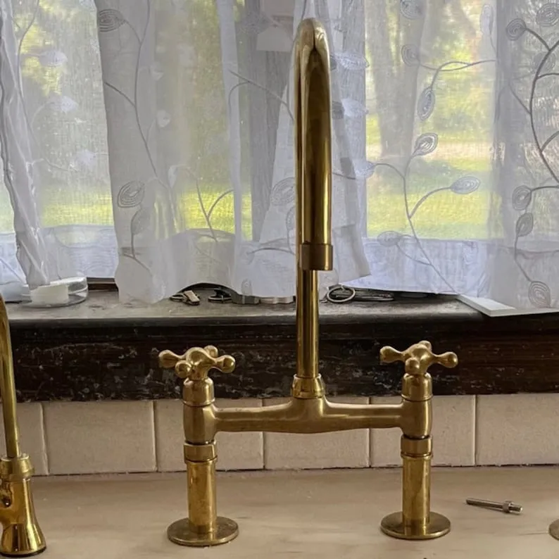 Unlacquered Brass Kitchen Faucet - Solid Brass, Handmade, Antique Brass Sink Faucet