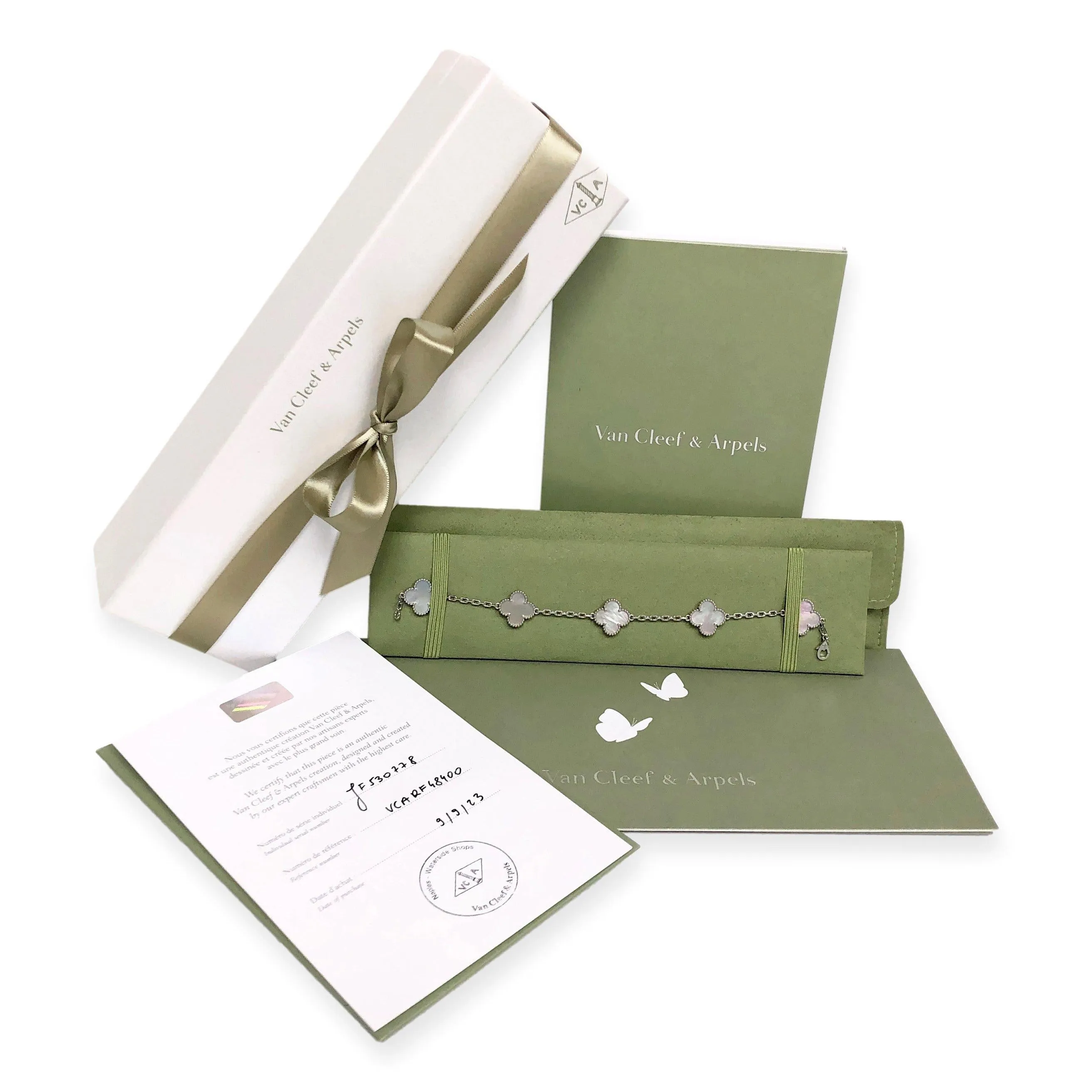 Van Cleef & Arpels 18K White Gold Vintage Alhambra 5 Motif M.O.P. Bracelet