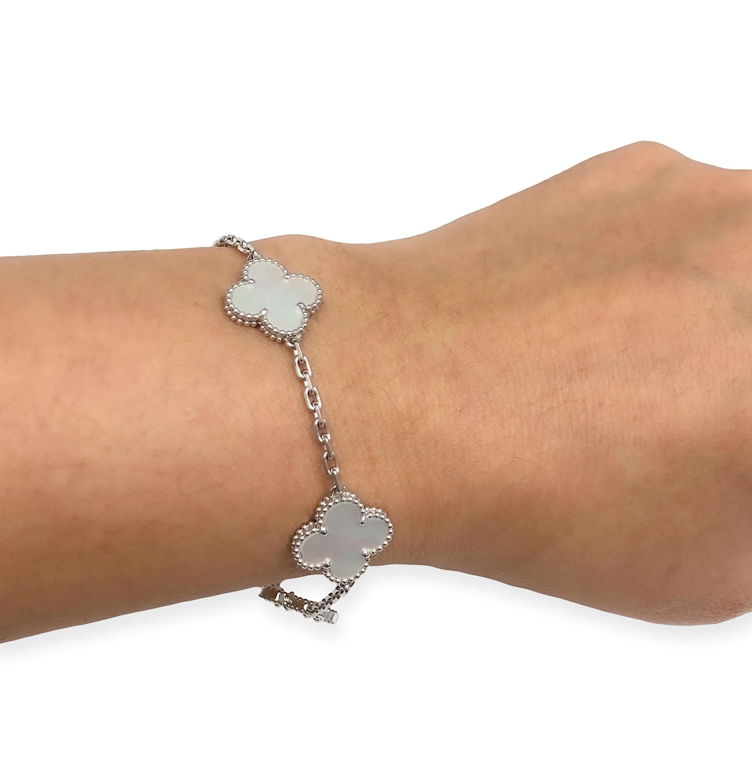 Van Cleef & Arpels 18K White Gold Vintage Alhambra 5 Motif M.O.P. Bracelet