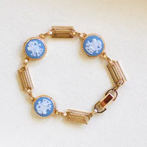Vintage 14k Gold Filled Blue Wedgwood Panel Bracelet- Blue Jasperware Cameo