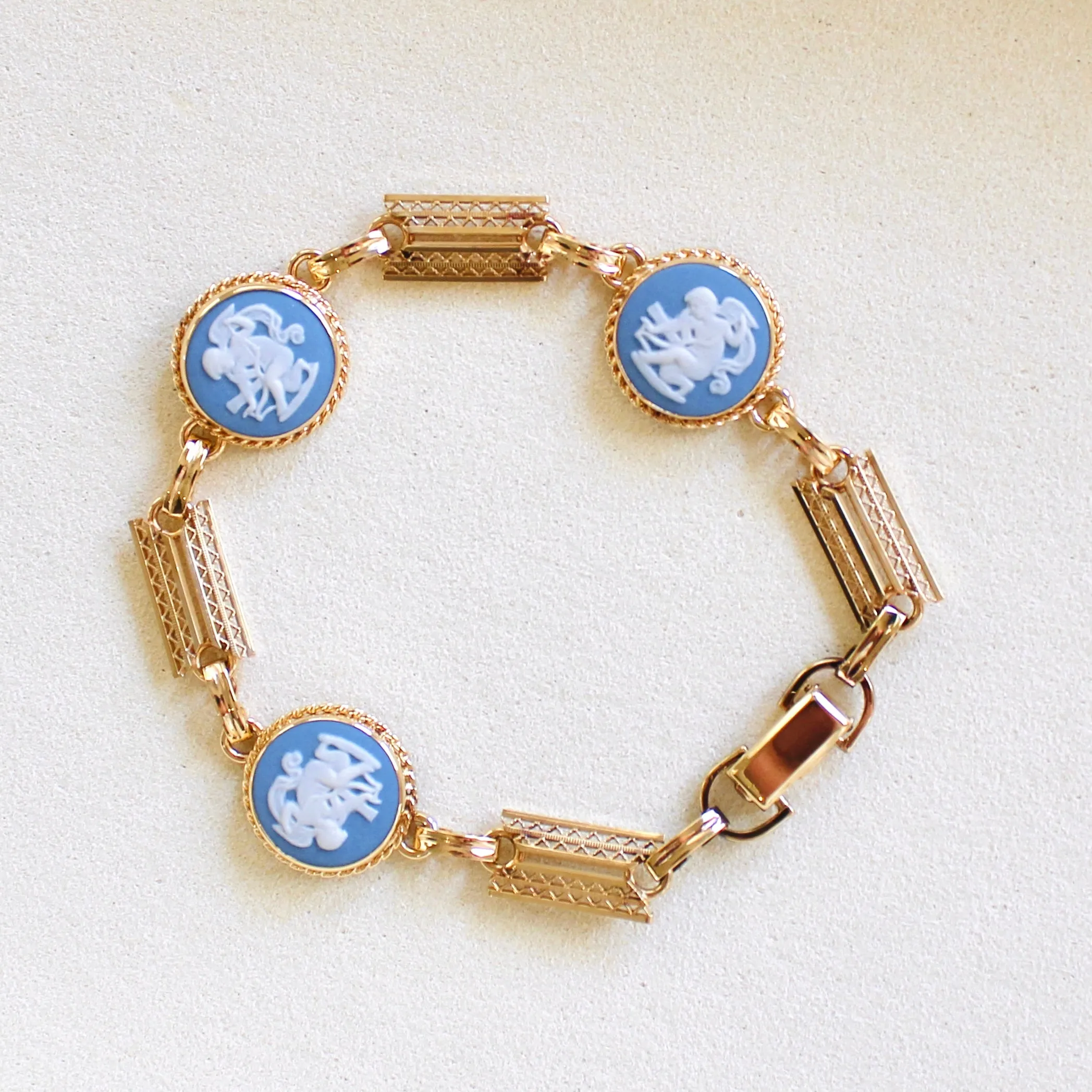 Vintage 14k Gold Filled Blue Wedgwood Panel Bracelet- Blue Jasperware Cameo