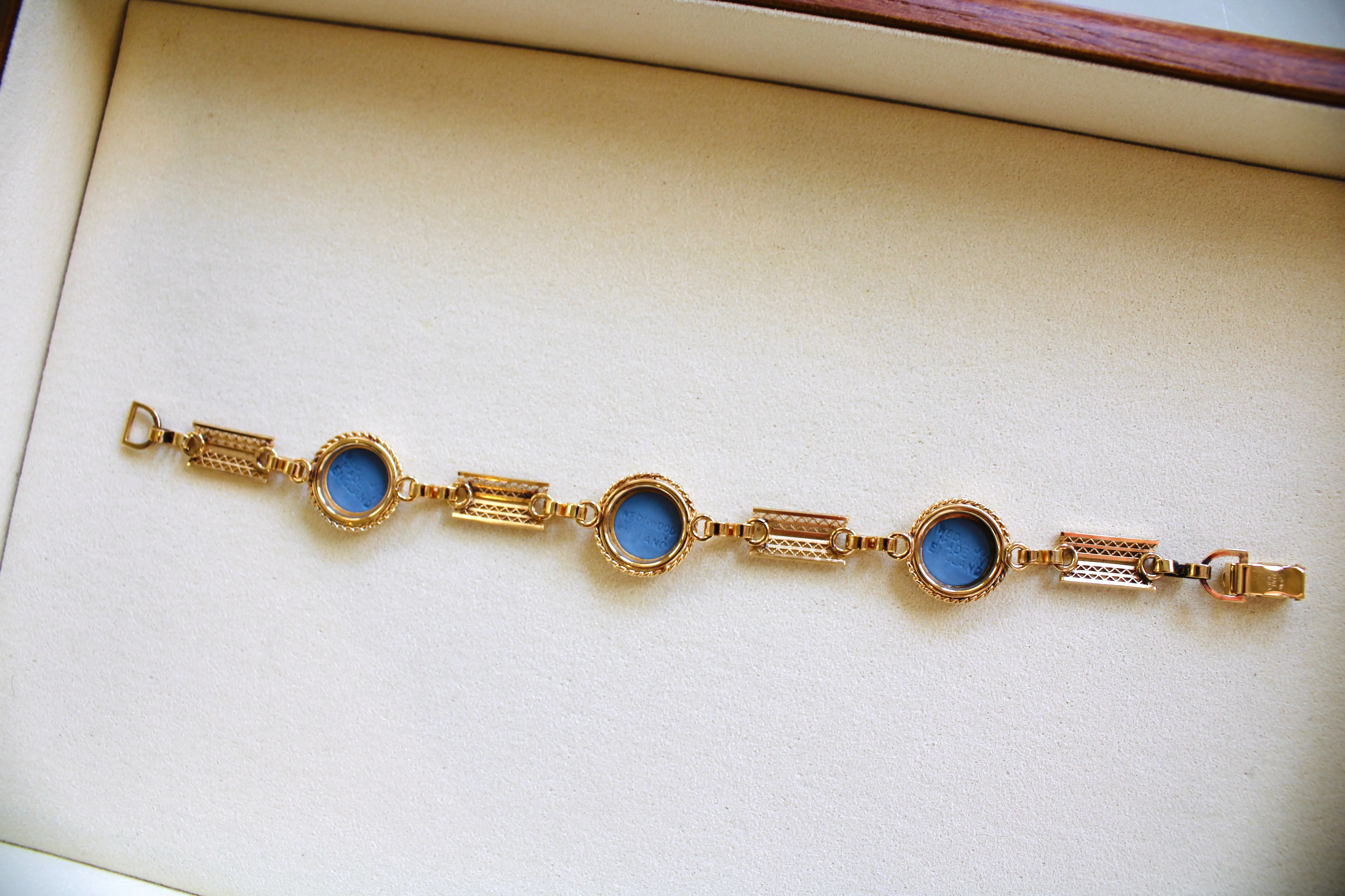 Vintage 14k Gold Filled Blue Wedgwood Panel Bracelet- Blue Jasperware Cameo
