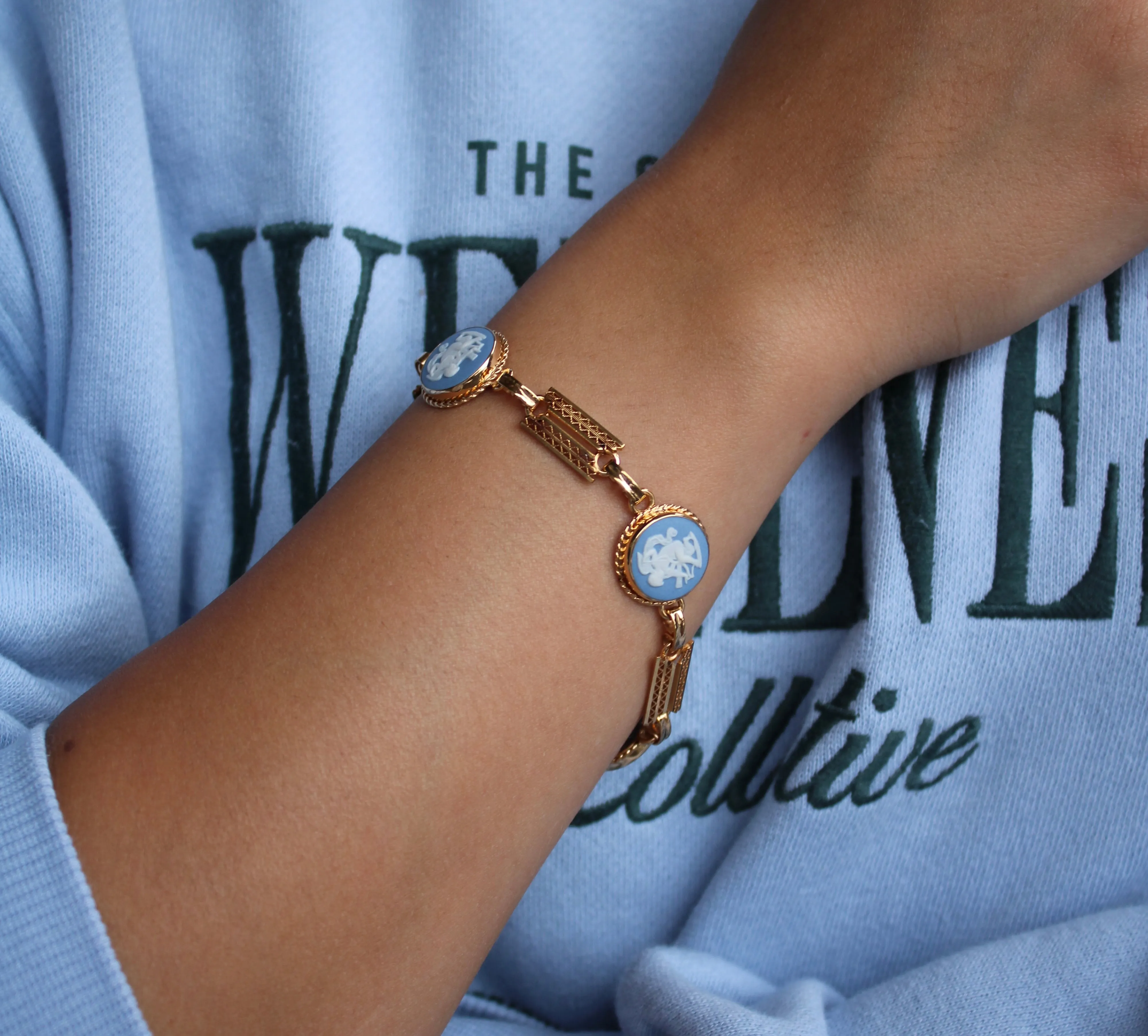 Vintage 14k Gold Filled Blue Wedgwood Panel Bracelet- Blue Jasperware Cameo