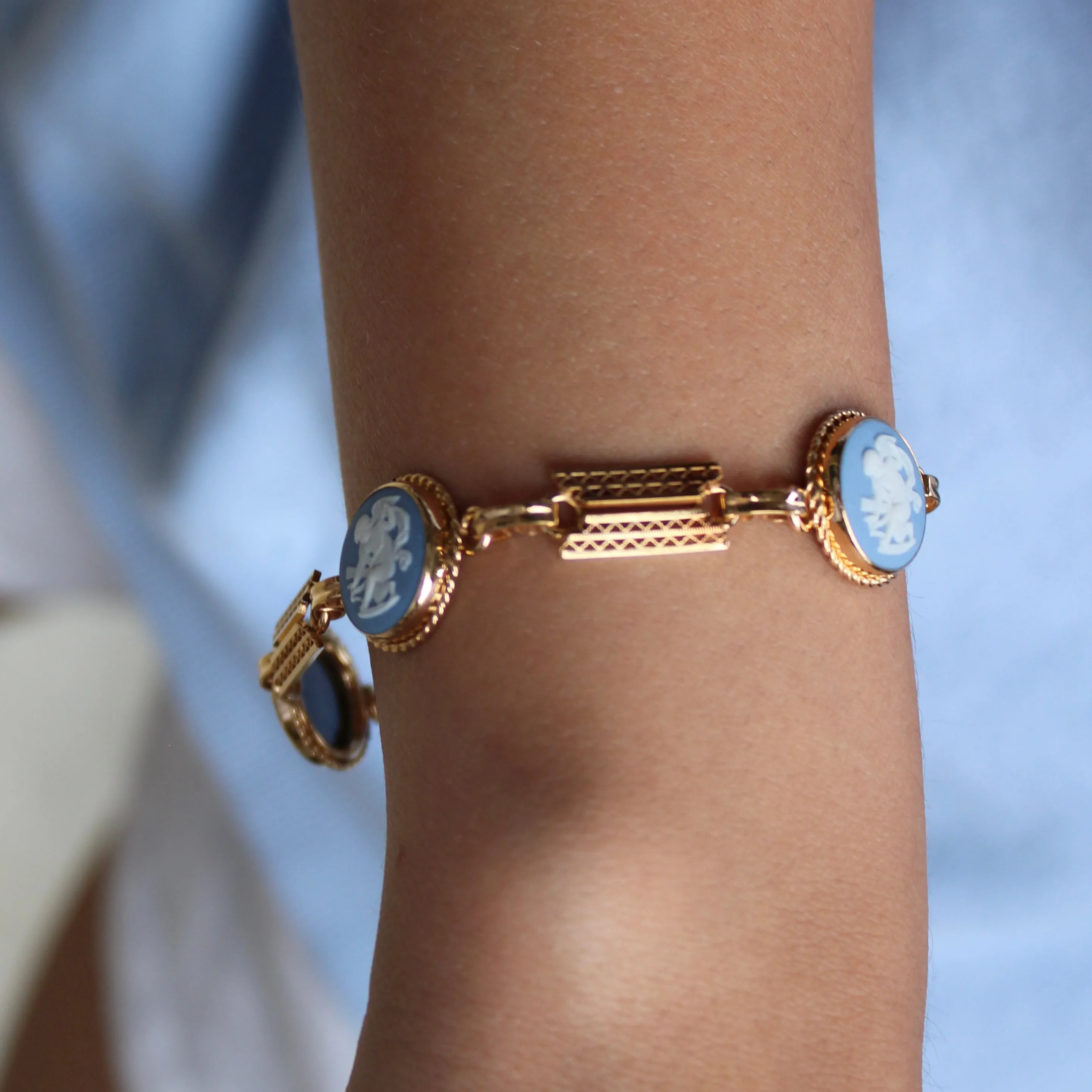 Vintage 14k Gold Filled Blue Wedgwood Panel Bracelet- Blue Jasperware Cameo
