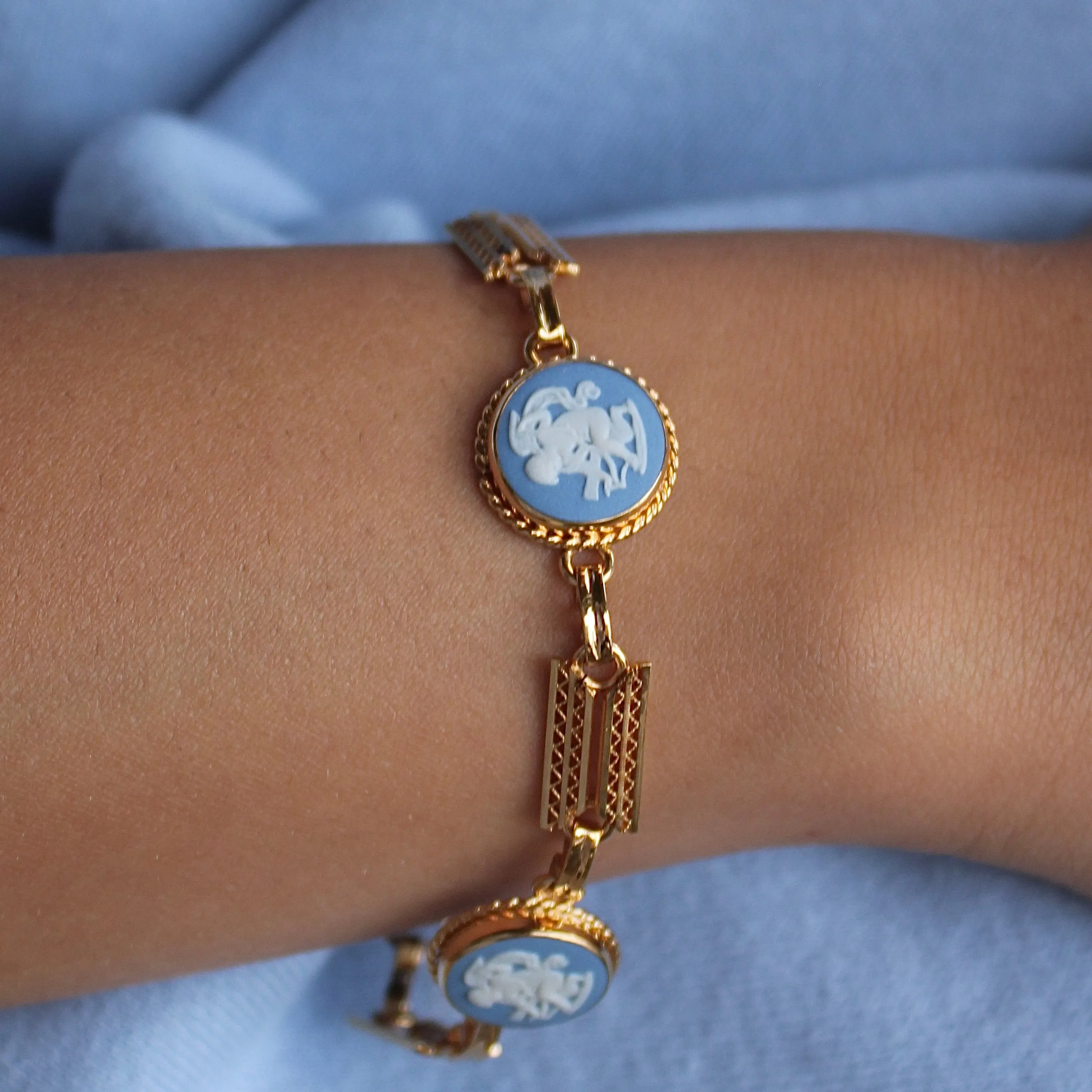 Vintage 14k Gold Filled Blue Wedgwood Panel Bracelet- Blue Jasperware Cameo