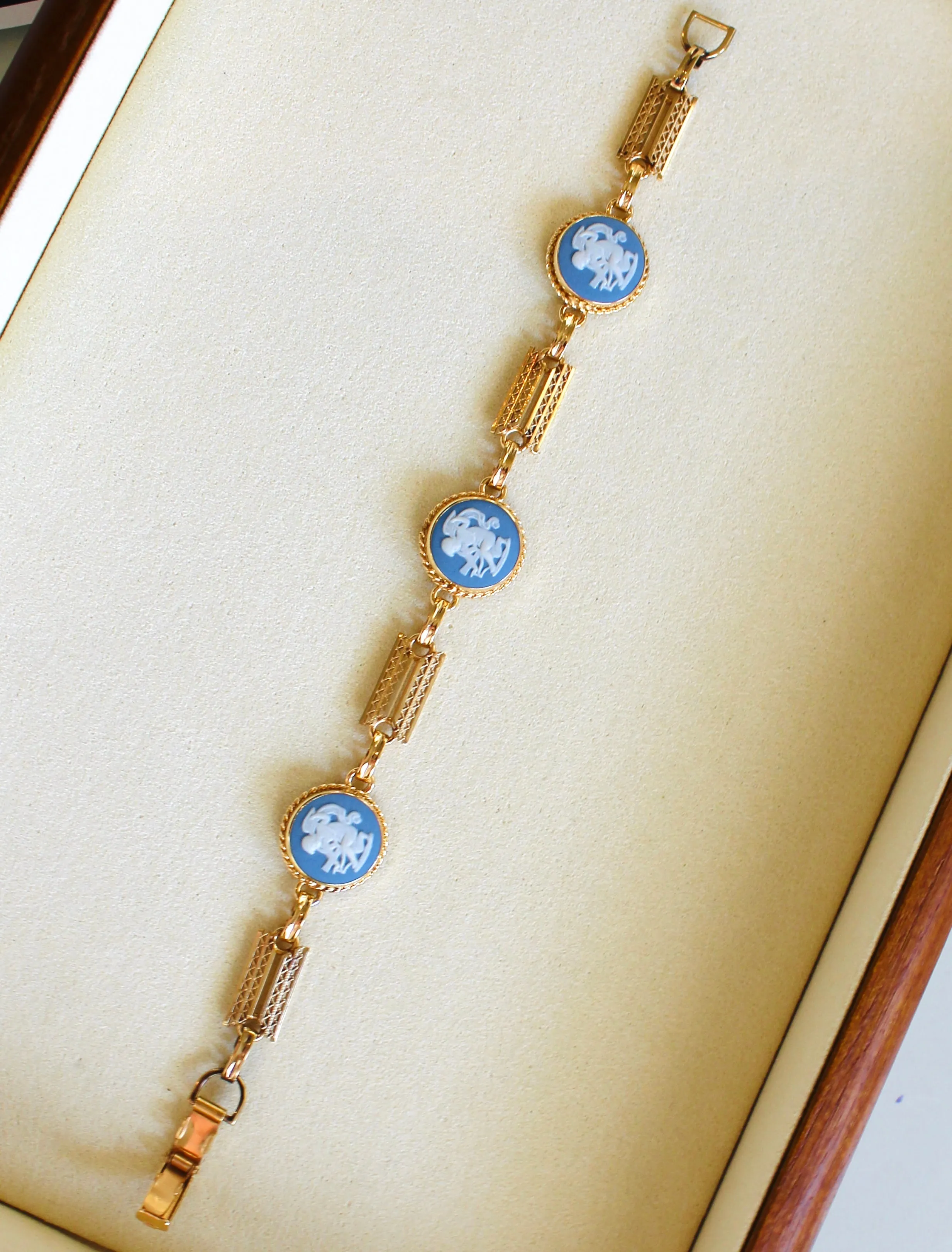 Vintage 14k Gold Filled Blue Wedgwood Panel Bracelet- Blue Jasperware Cameo