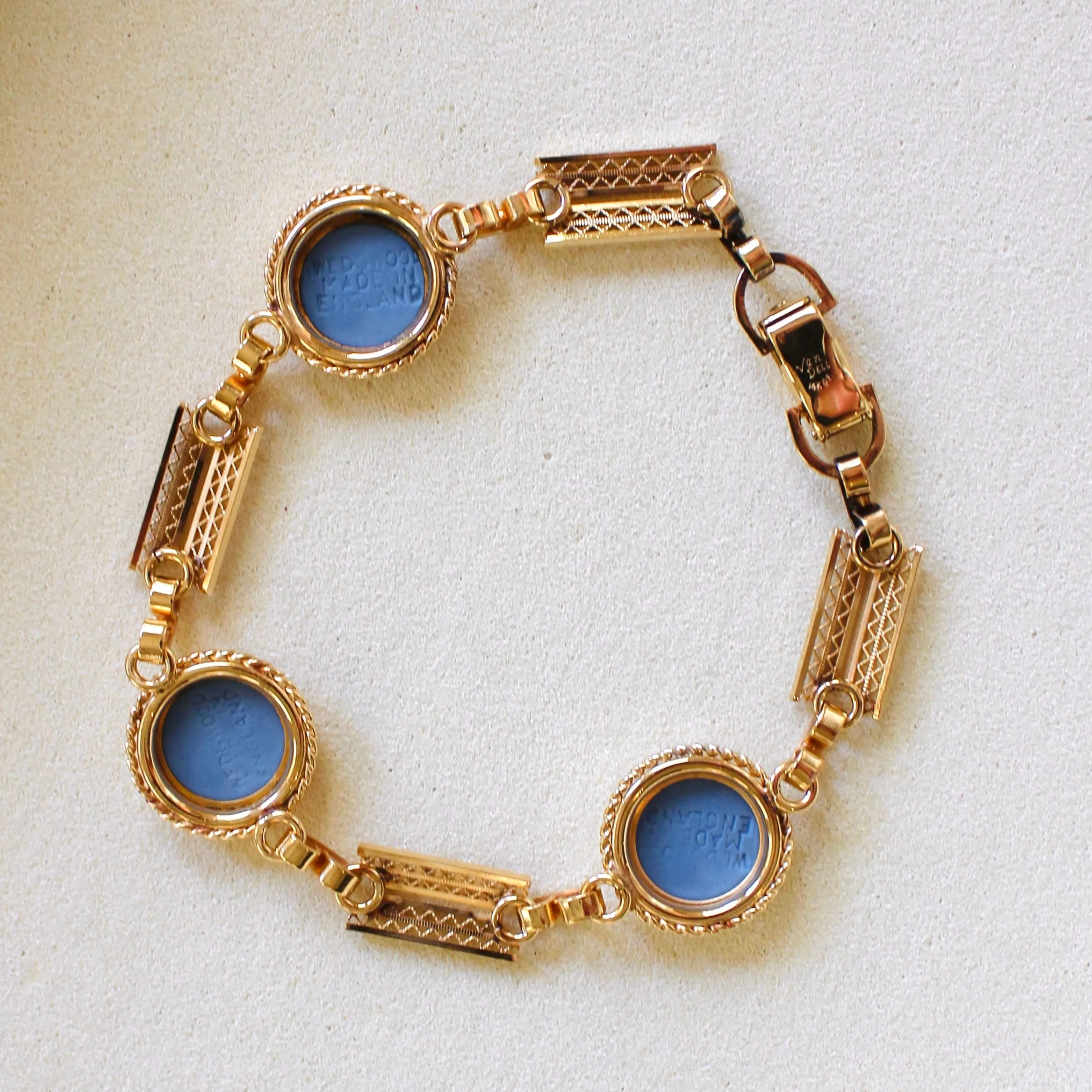Vintage 14k Gold Filled Blue Wedgwood Panel Bracelet- Blue Jasperware Cameo