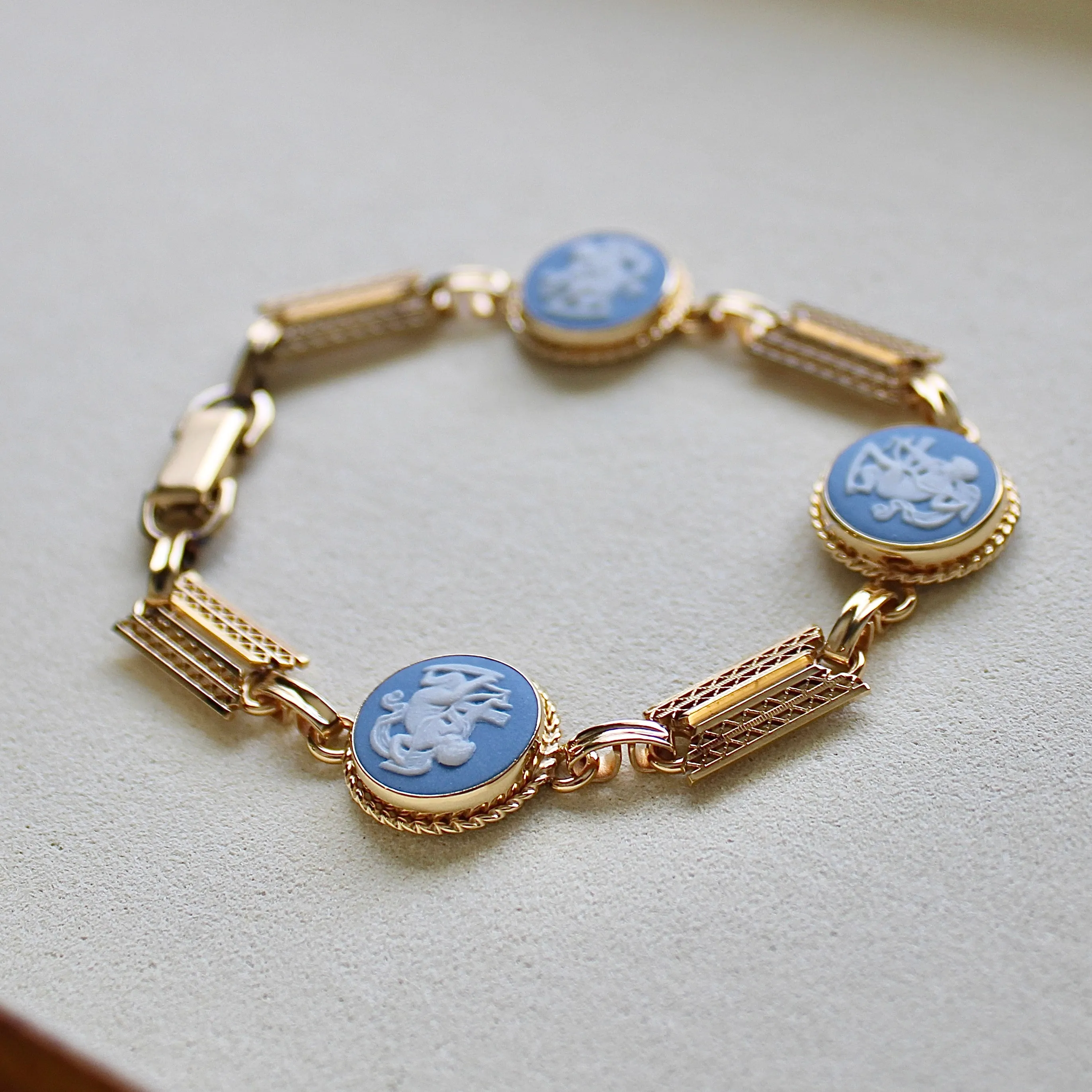 Vintage 14k Gold Filled Blue Wedgwood Panel Bracelet- Blue Jasperware Cameo