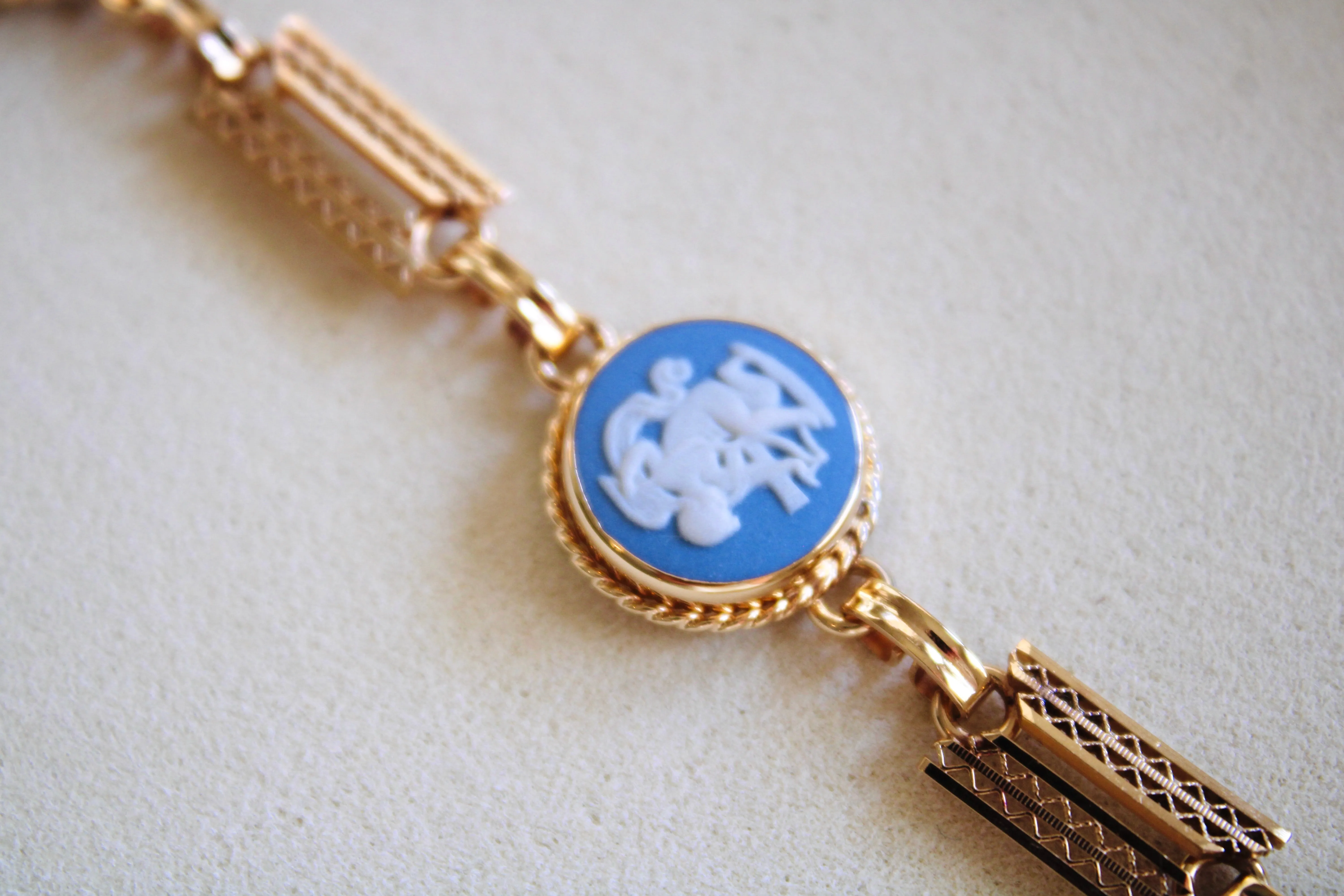 Vintage 14k Gold Filled Blue Wedgwood Panel Bracelet- Blue Jasperware Cameo