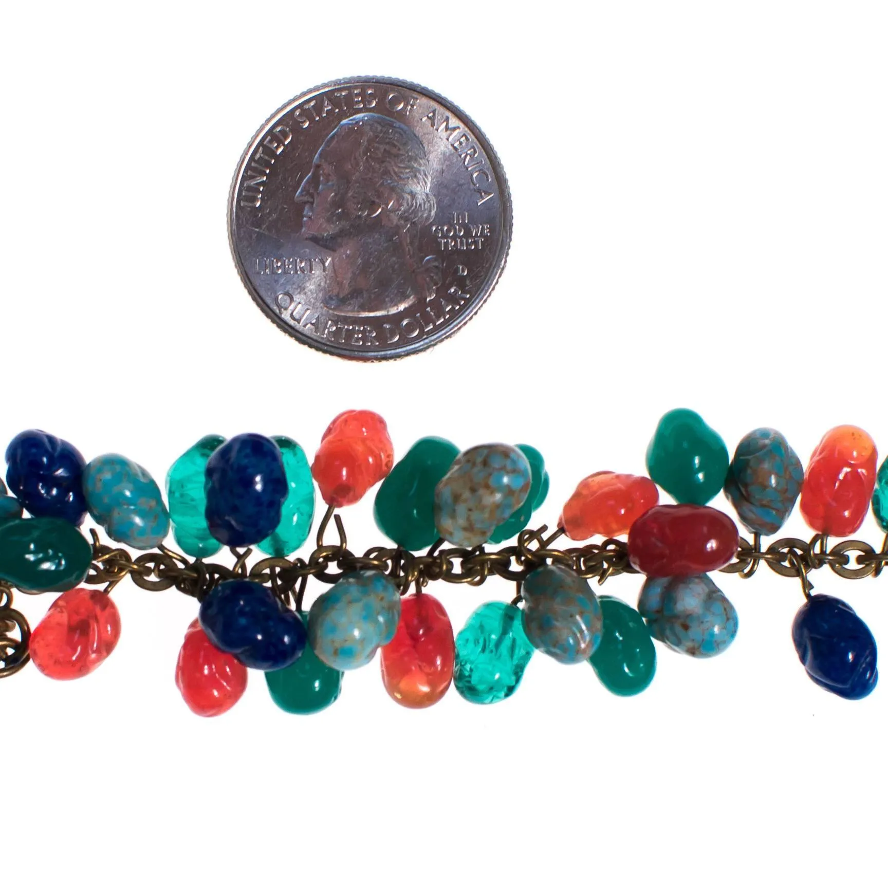 Vintage 1940s Art Glass Dangling Charm Bracelet Lapis, Carnelian, Faux Jade, Peking Glass Charms