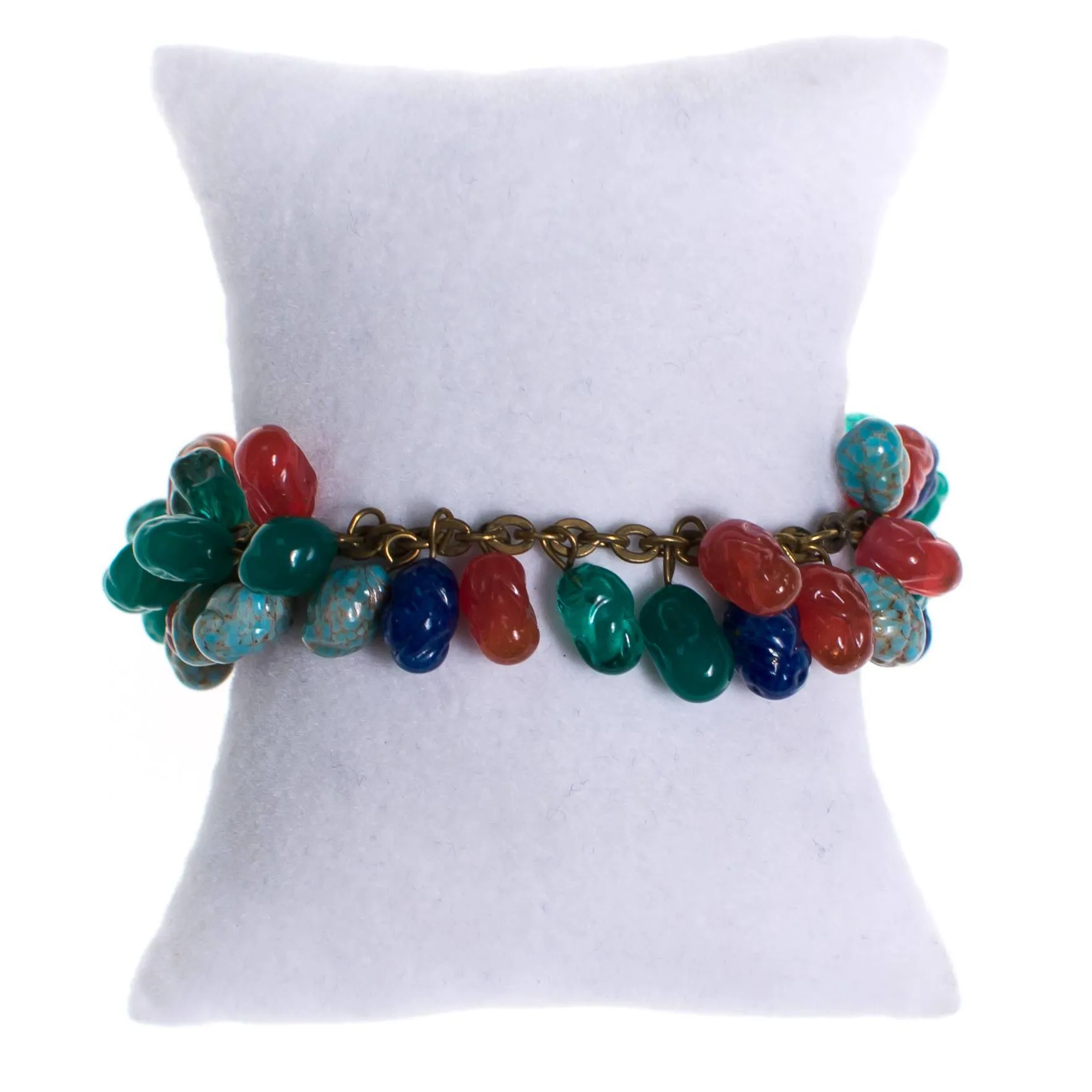 Vintage 1940s Art Glass Dangling Charm Bracelet Lapis, Carnelian, Faux Jade, Peking Glass Charms