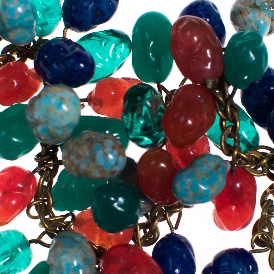 Vintage 1940s Art Glass Dangling Charm Bracelet Lapis, Carnelian, Faux Jade, Peking Glass Charms