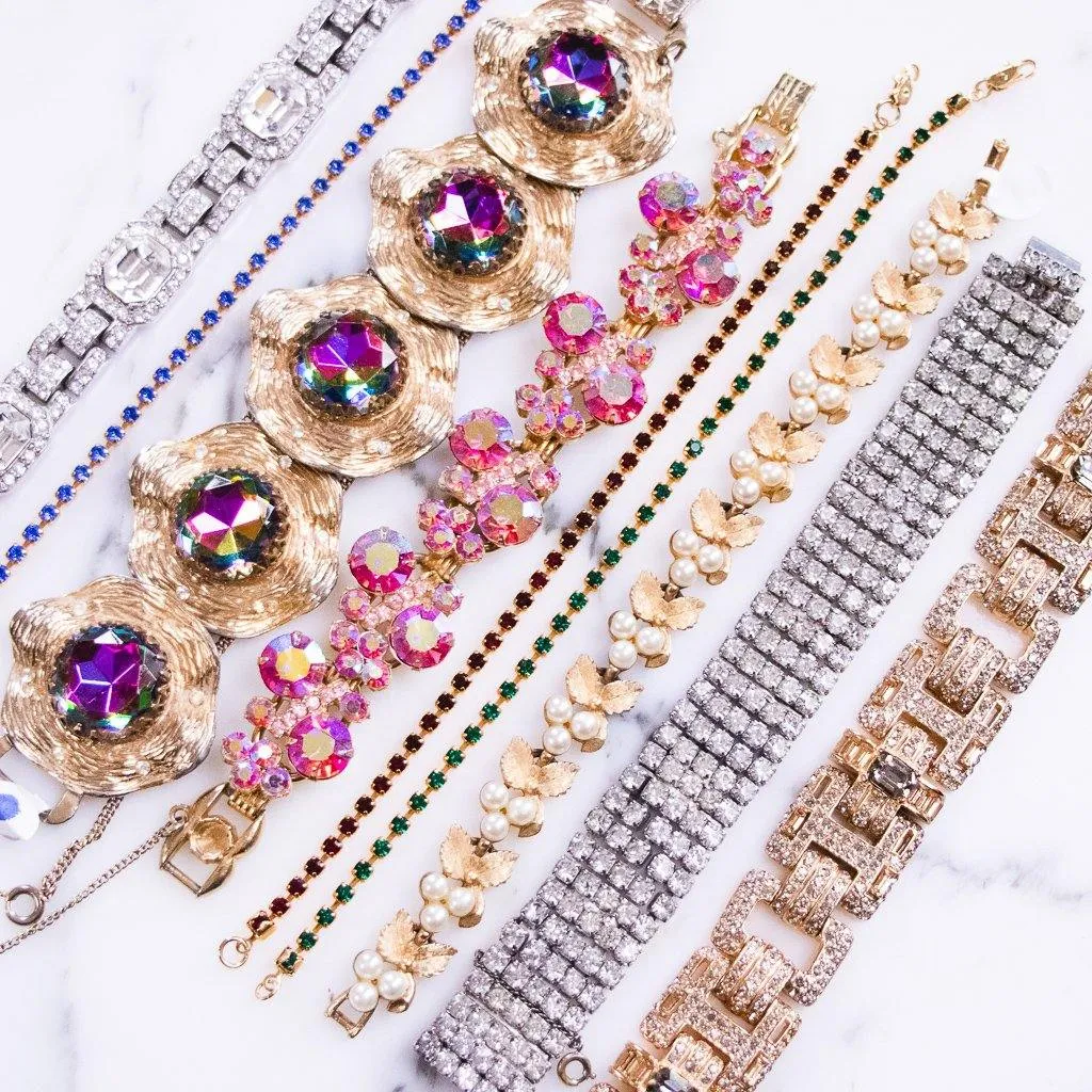 Vintage 1950s Rhinestone Line Bracelets in Green, Blue, and Red
