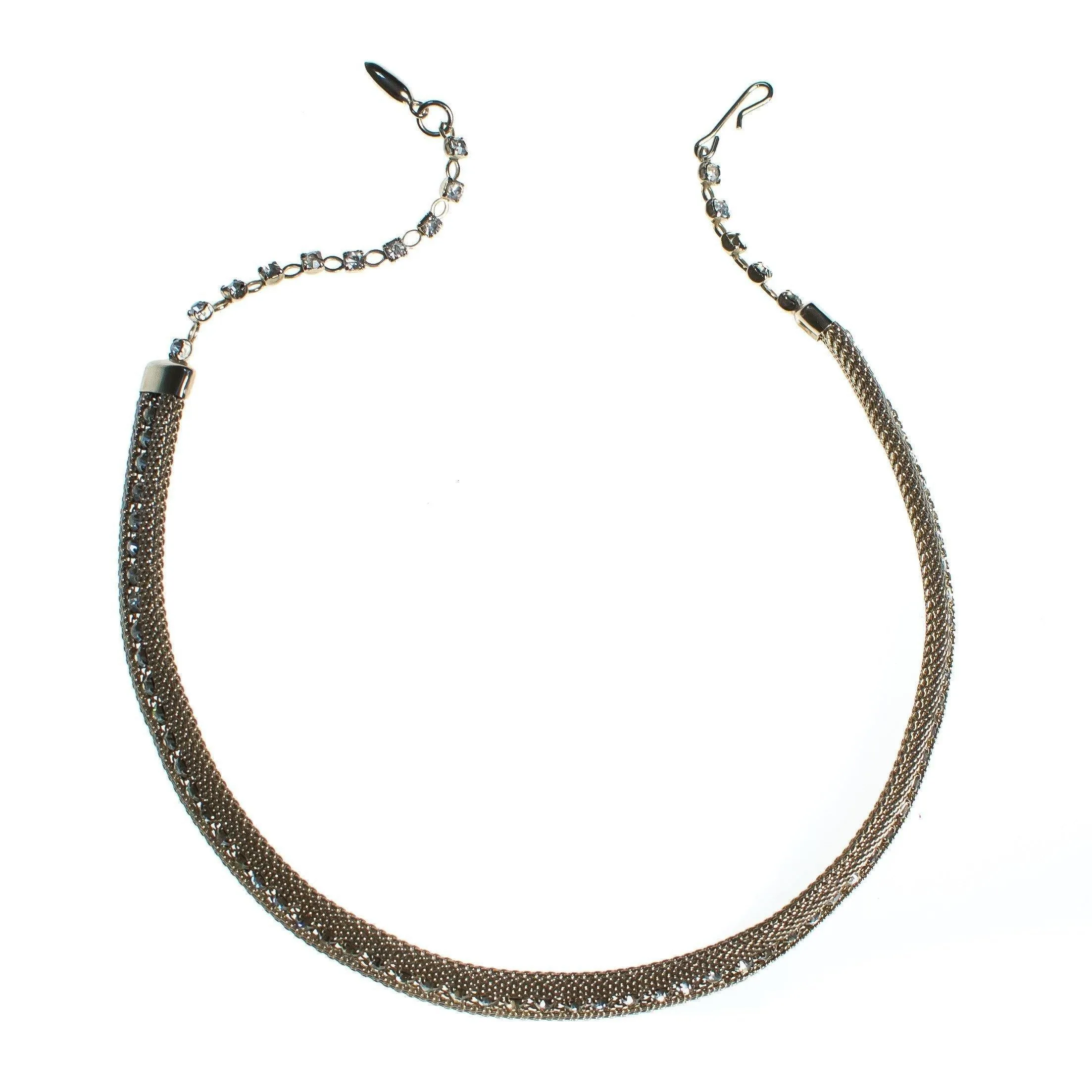 Vintage 1960s Gold Mesh Choker Necklace with Rhinestones, Diamante Crystals, Gold Tone Setting, Fish Hook Clasp