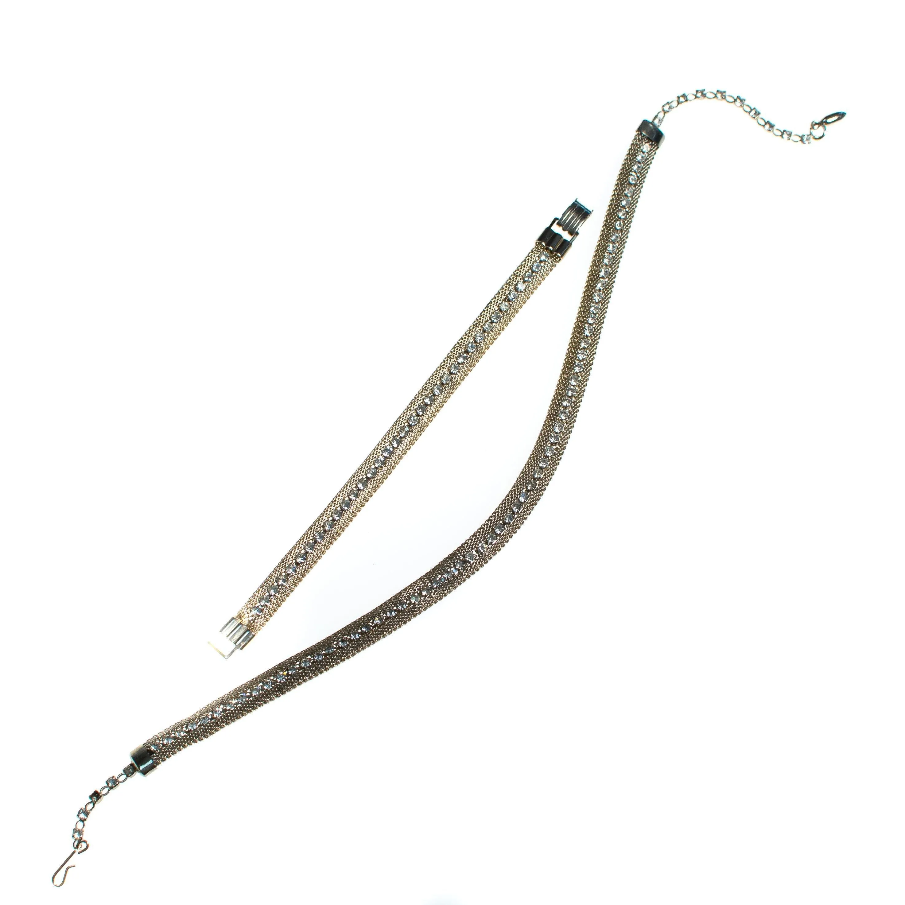 Vintage 1960s Gold Mesh Choker Necklace with Rhinestones, Diamante Crystals, Gold Tone Setting, Fish Hook Clasp