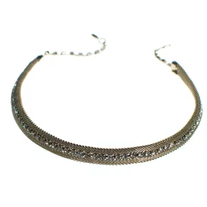 Vintage 1960s Gold Mesh Choker Necklace with Rhinestones, Diamante Crystals, Gold Tone Setting, Fish Hook Clasp