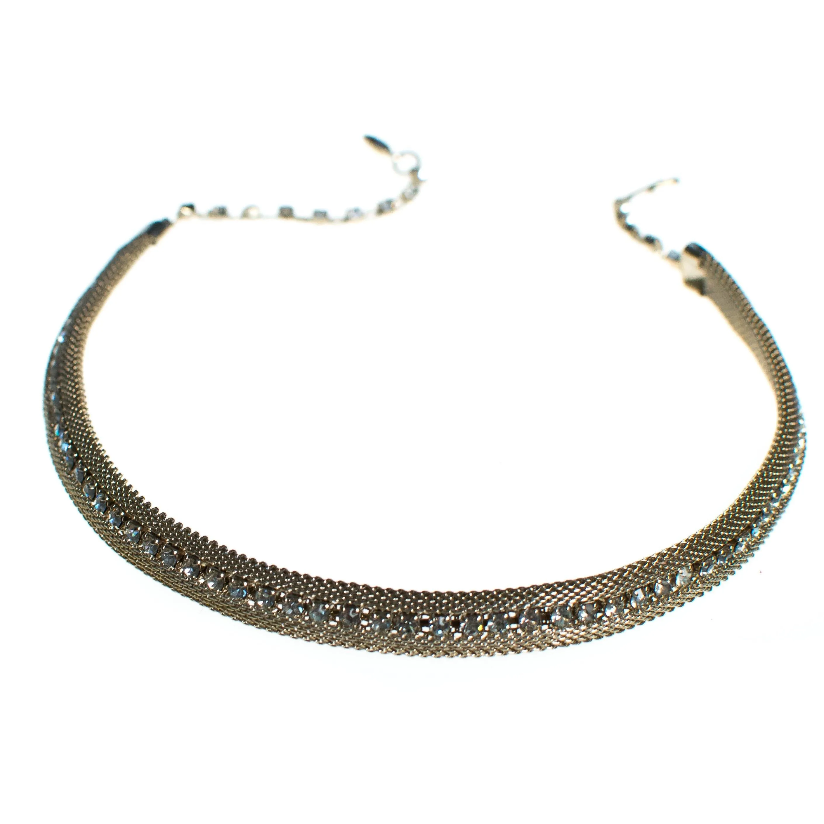 Vintage 1960s Gold Mesh Choker Necklace with Rhinestones, Diamante Crystals, Gold Tone Setting, Fish Hook Clasp