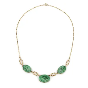 Vintage Art Deco Carved Jade Necklace 14k Yellow Gold 16" Choker Fine Jewelry