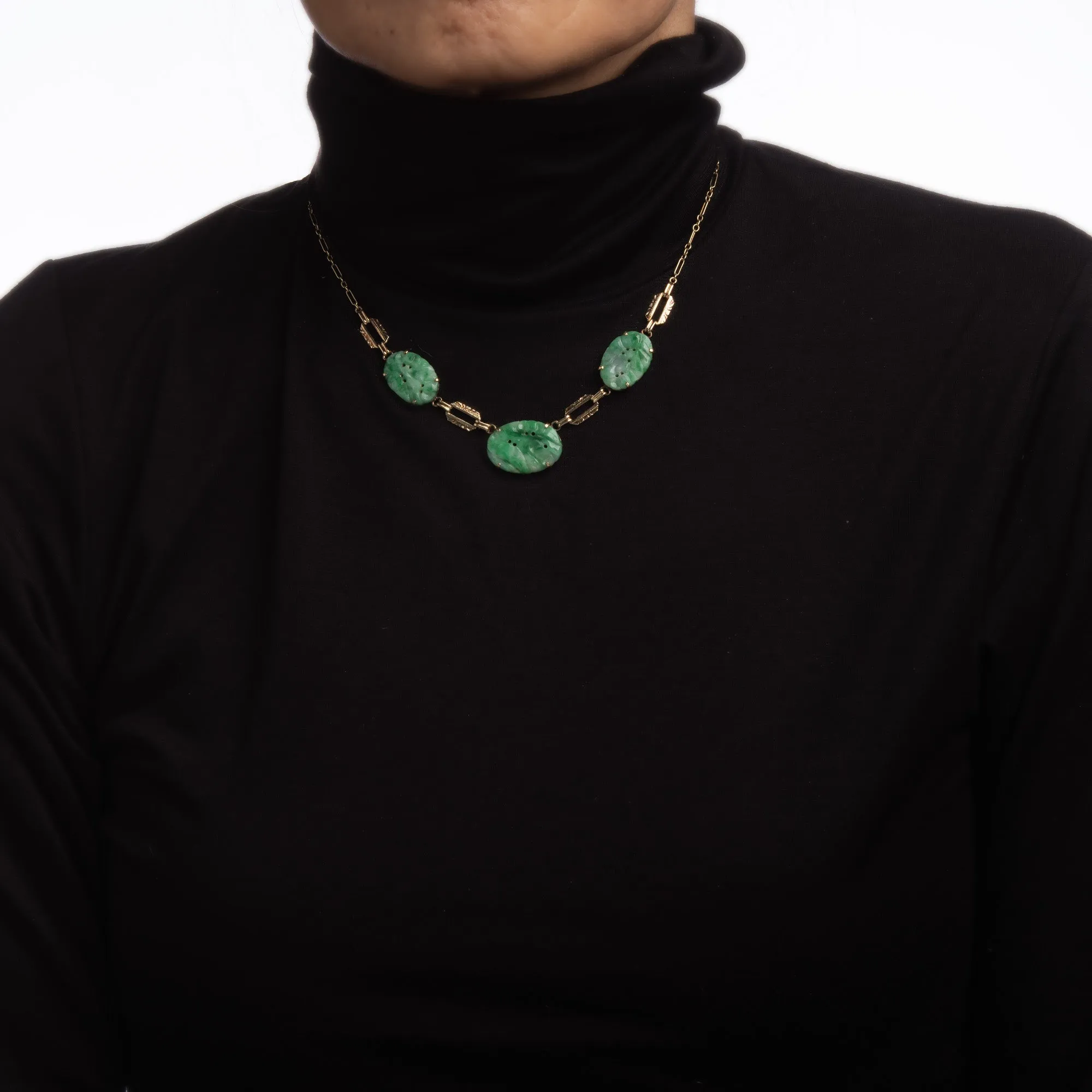 Vintage Art Deco Carved Jade Necklace 14k Yellow Gold 16" Choker Fine Jewelry