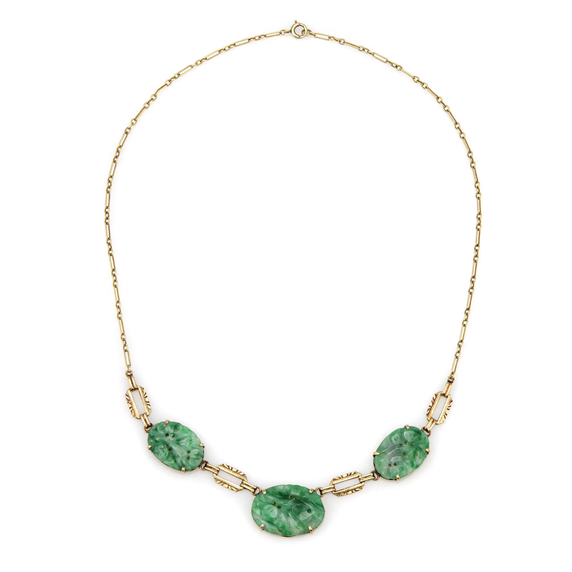 Vintage Art Deco Carved Jade Necklace 14k Yellow Gold 16" Choker Fine Jewelry