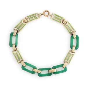 Vintage Art Deco Enamel Bracelet Chrysoprase 14k Gold Green Square Links Jewelry